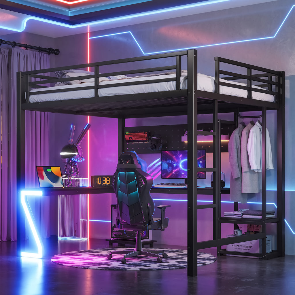 Queen Loft Bed with L-shaped Desk and USB Ports