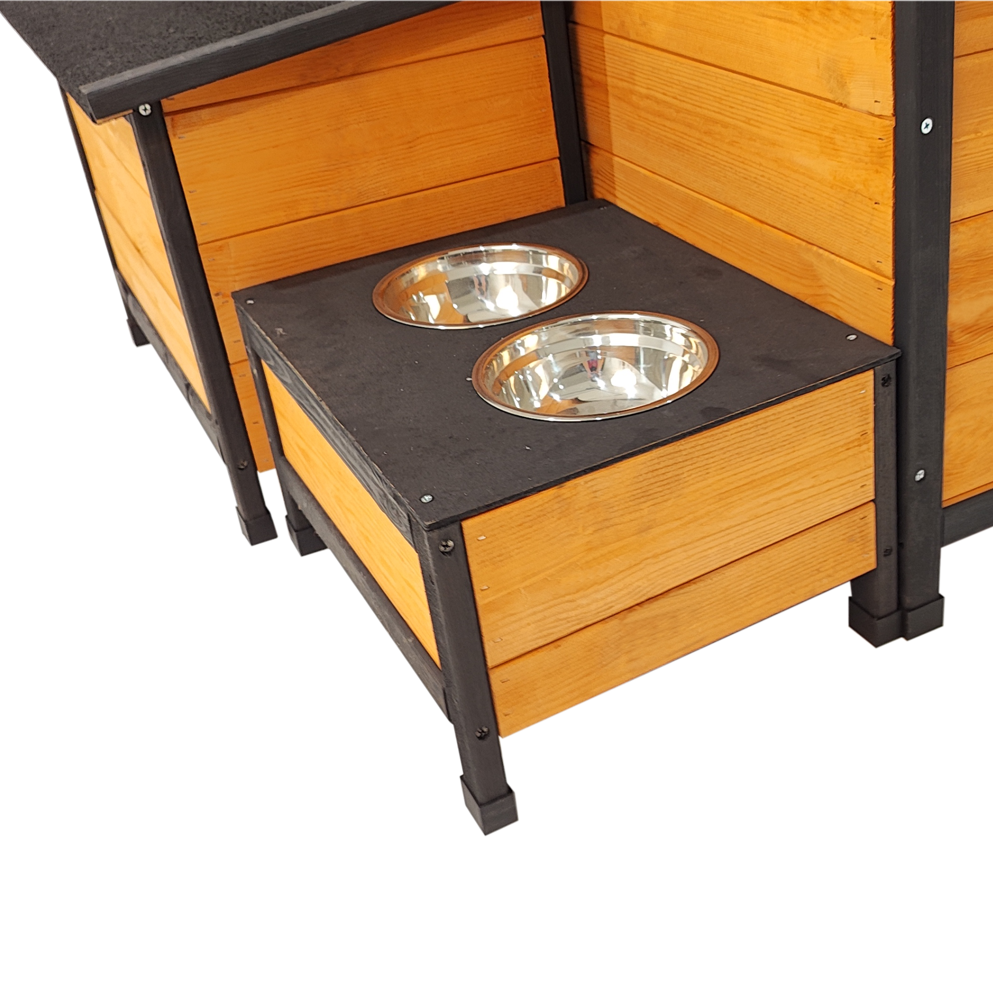 Wearable and Strong Wooden Dog House with Metal Bowls and Toy Box