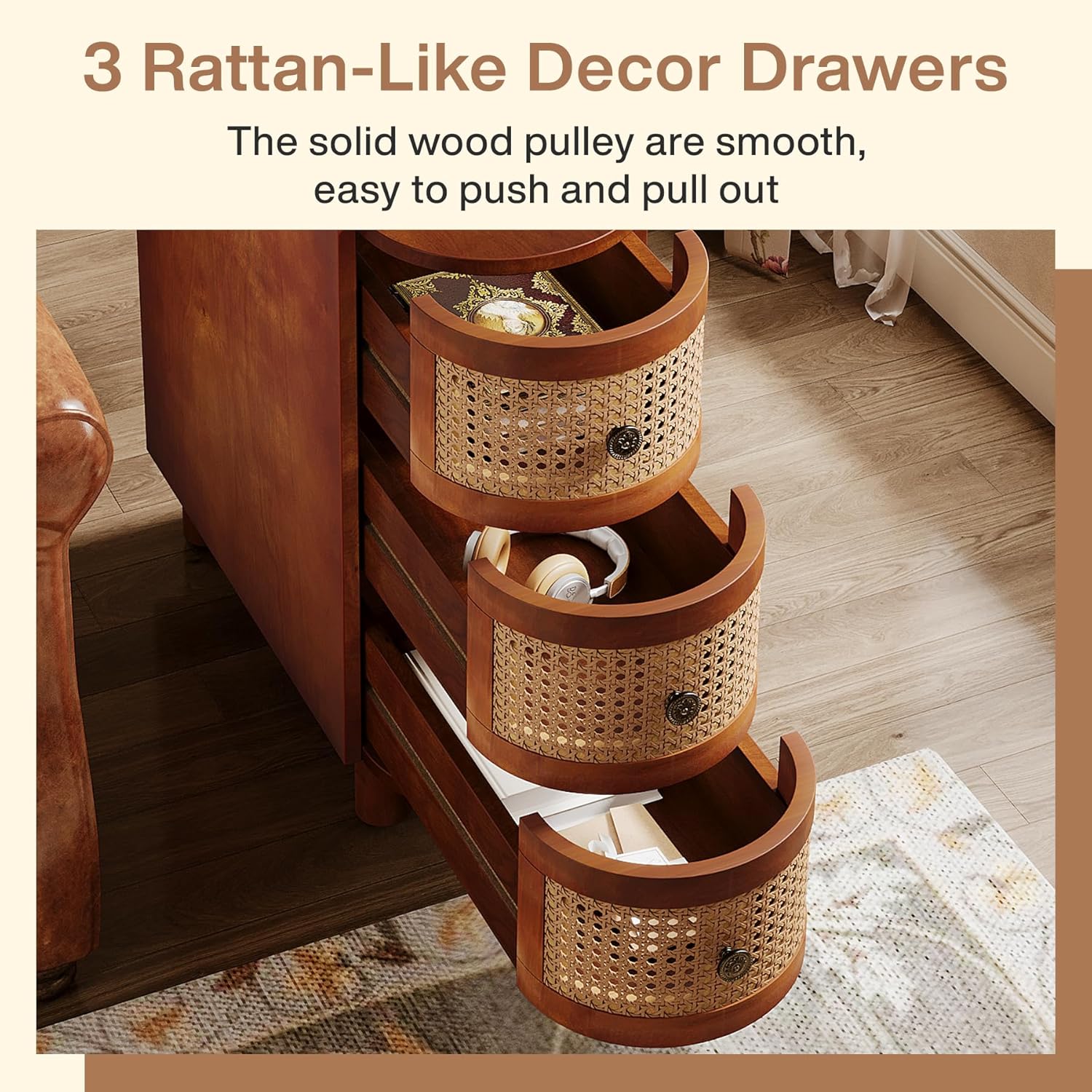 10.62" Narrow Rattan 3-Drawer End Table