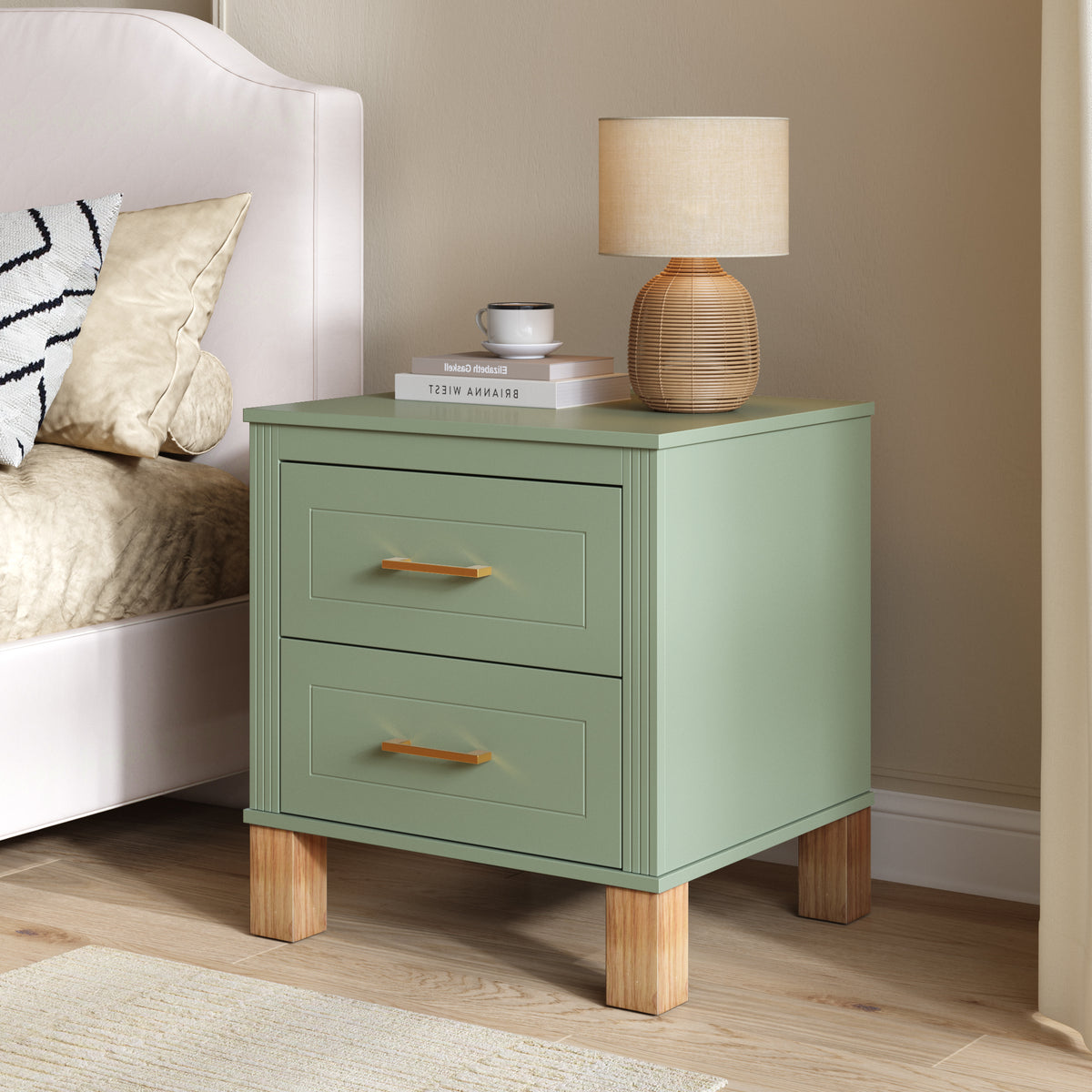 2-Drawer Nightstand with Fluted Design and Solid Wood Legs, Sage Green