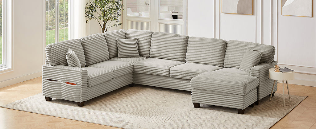 U-Shaped Sectional Sofa with Movable Ottoman and Side Storage Pockets