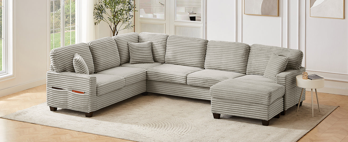 U-Shaped Sectional Sofa with Movable Ottoman and Side Storage Pockets