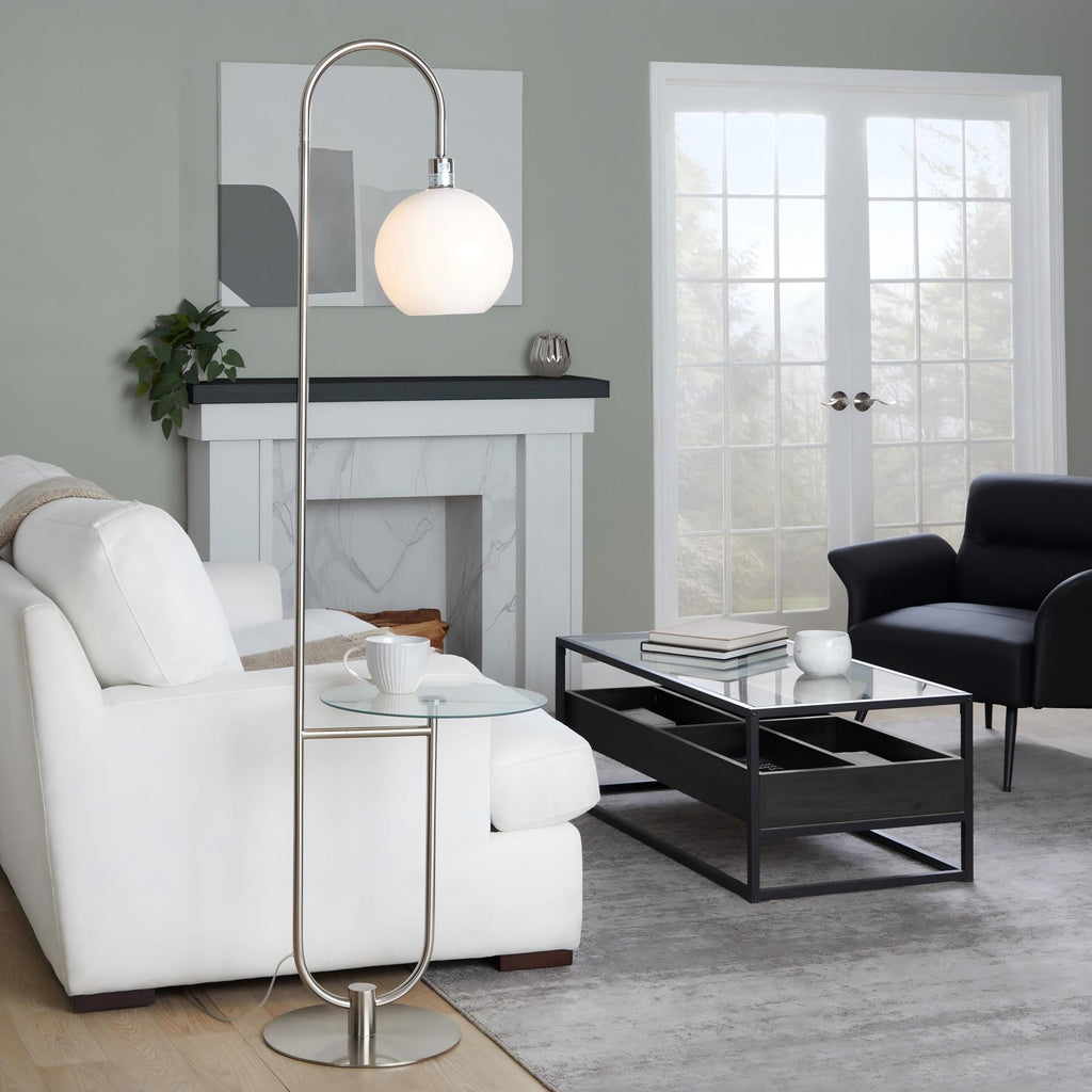 Trombone Contemporary Floor Lamp in Nickel Metal with Clear Glass Shelf