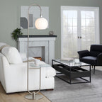 Trombone Contemporary Floor Lamp in Nickel Metal with Clear Glass Shelf