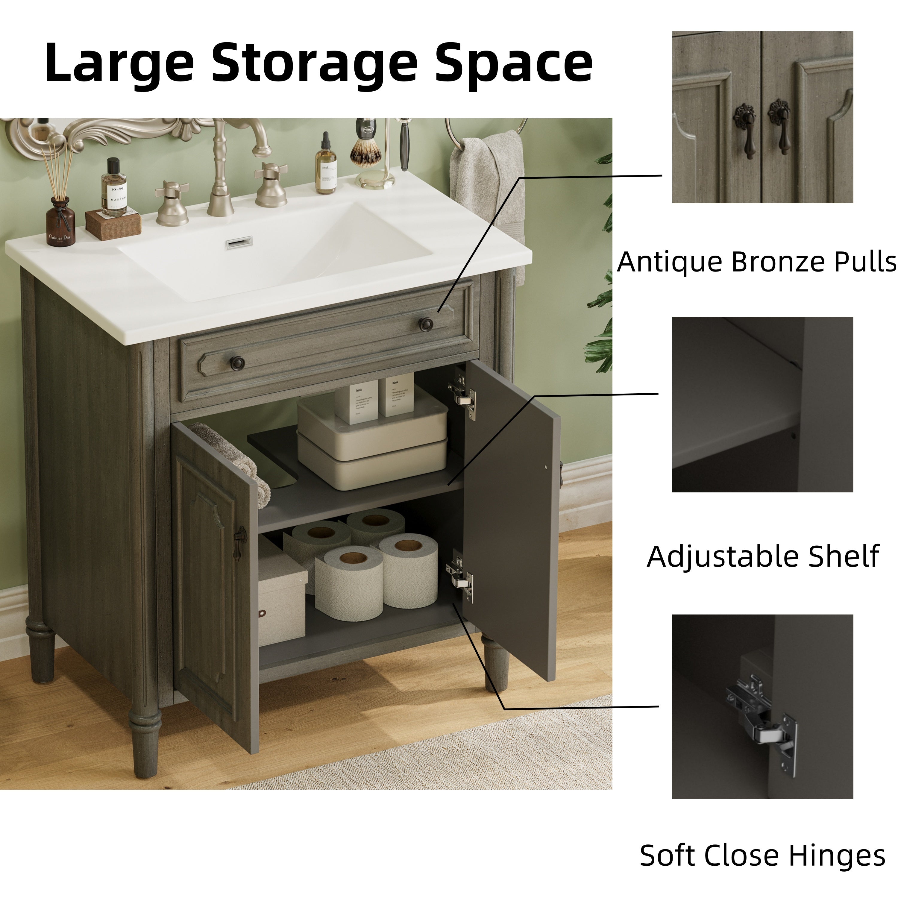 30 Inches Vintage Bathroom Vanity with Sink