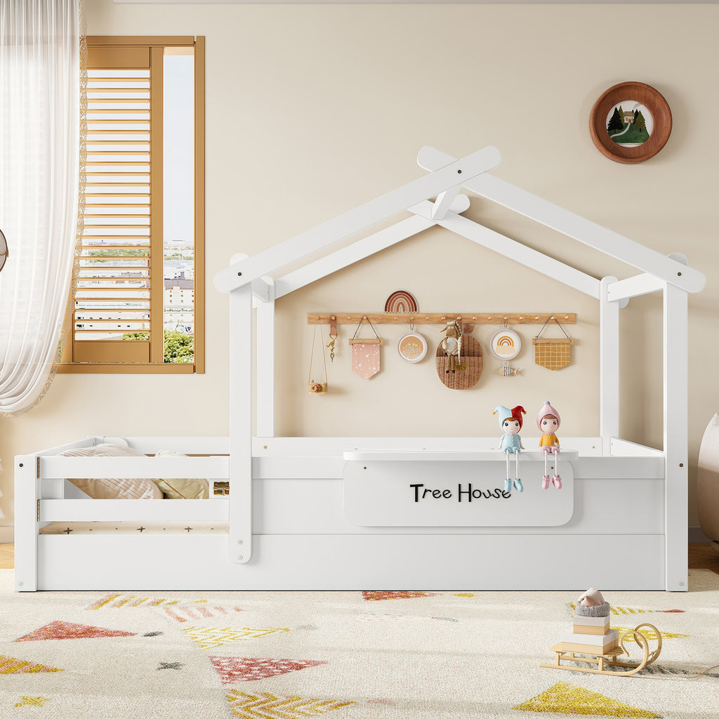 Twin Size Floor Bed with Guardrails and Roof
