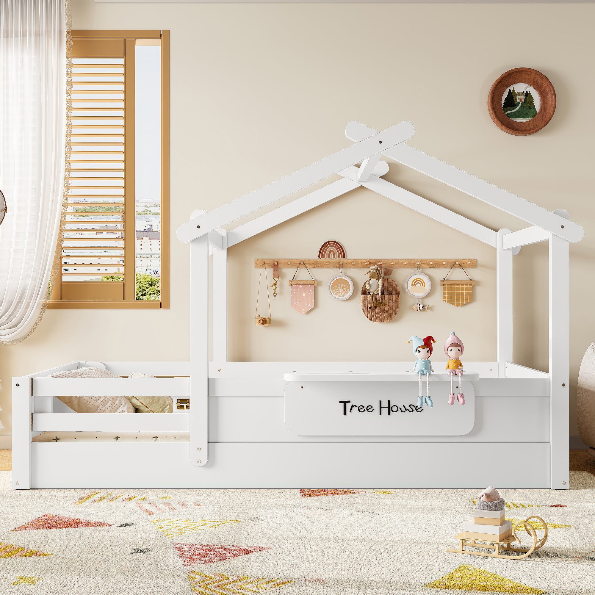 Twin Size Floor Bed with Guardrails and Roof