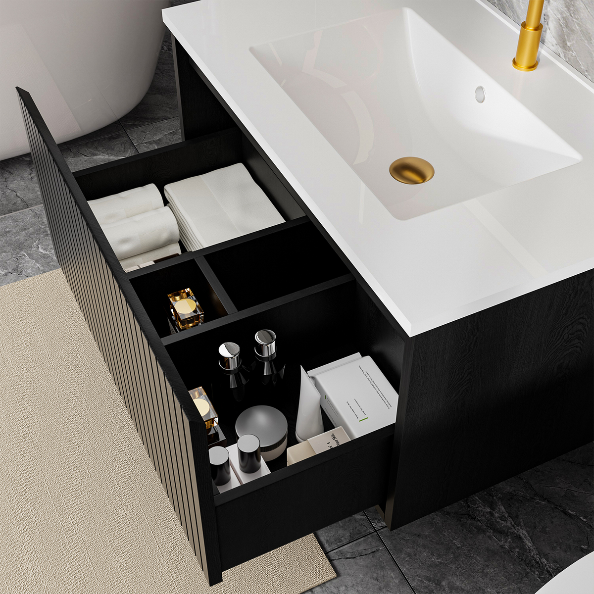 30-Inch Wall-Mounted Bathroom Vanity Cabinet with Ceramic Sink, Black