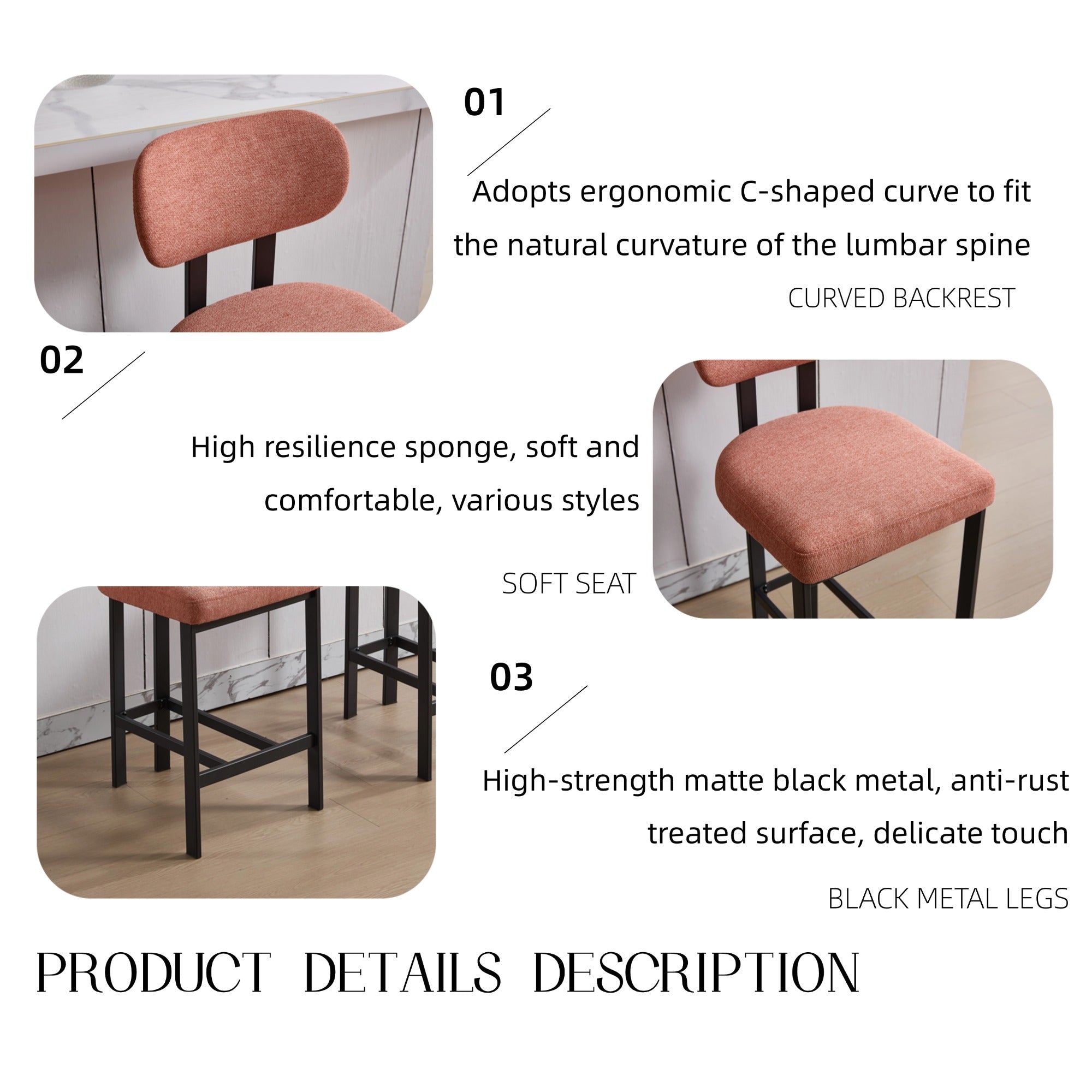 Bar Stools Set of 2, 26 Inch Modern Upholstered Fabric Counter Height Barstools