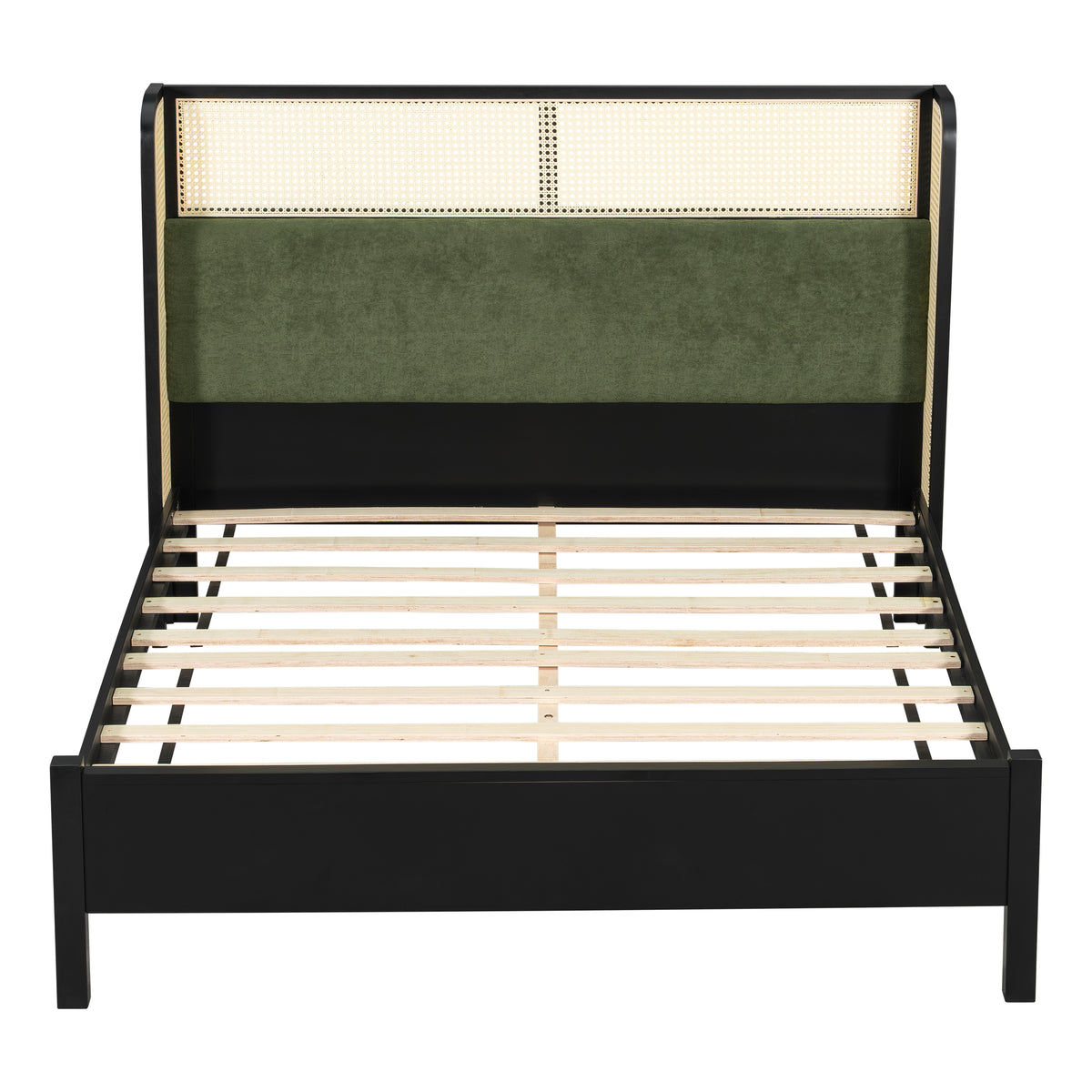 Queen Size Bed Frame with Green Upholstered Headboard