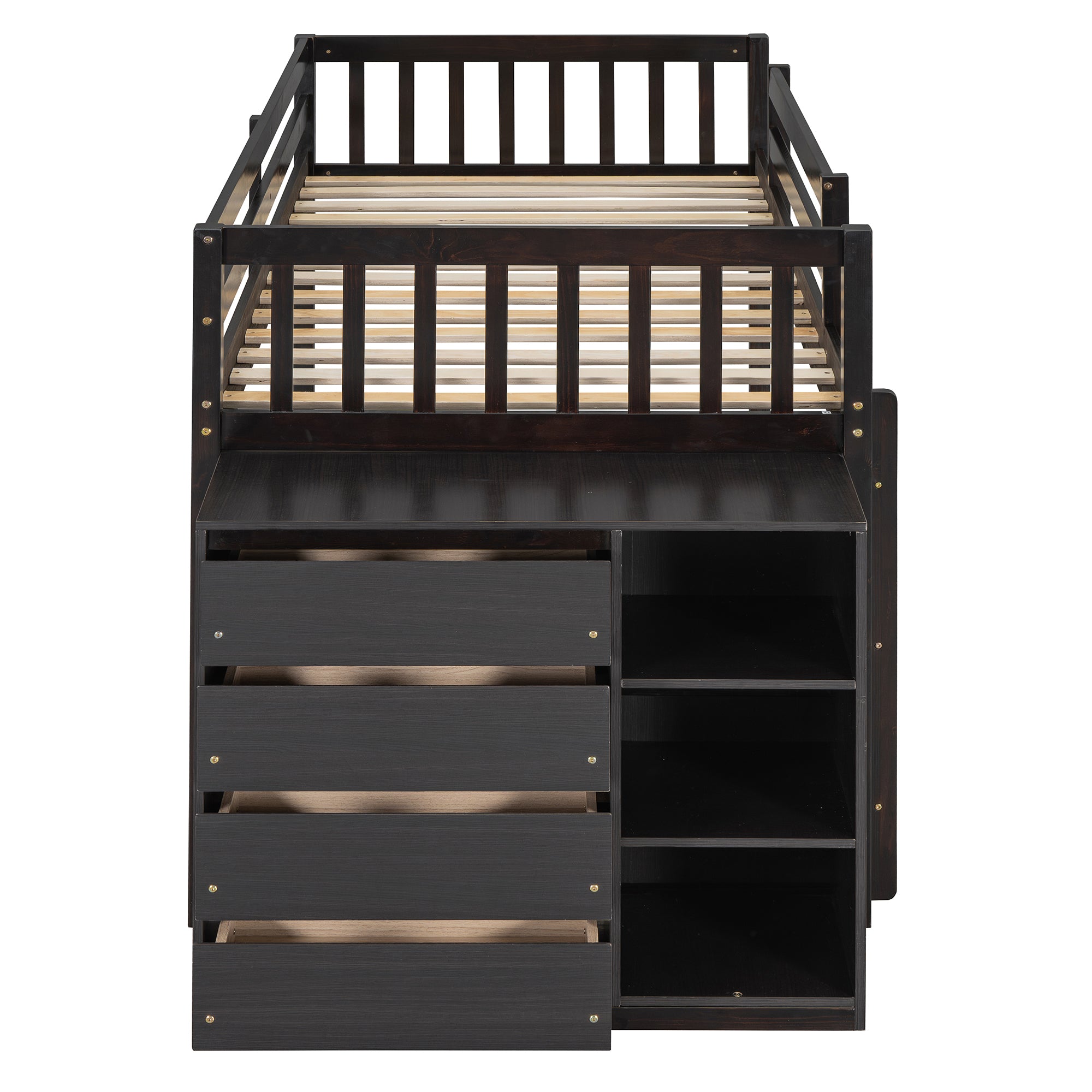 Twin Over Twin Bunk Bed with 4 Drawers and 3 Shelves - Espresso