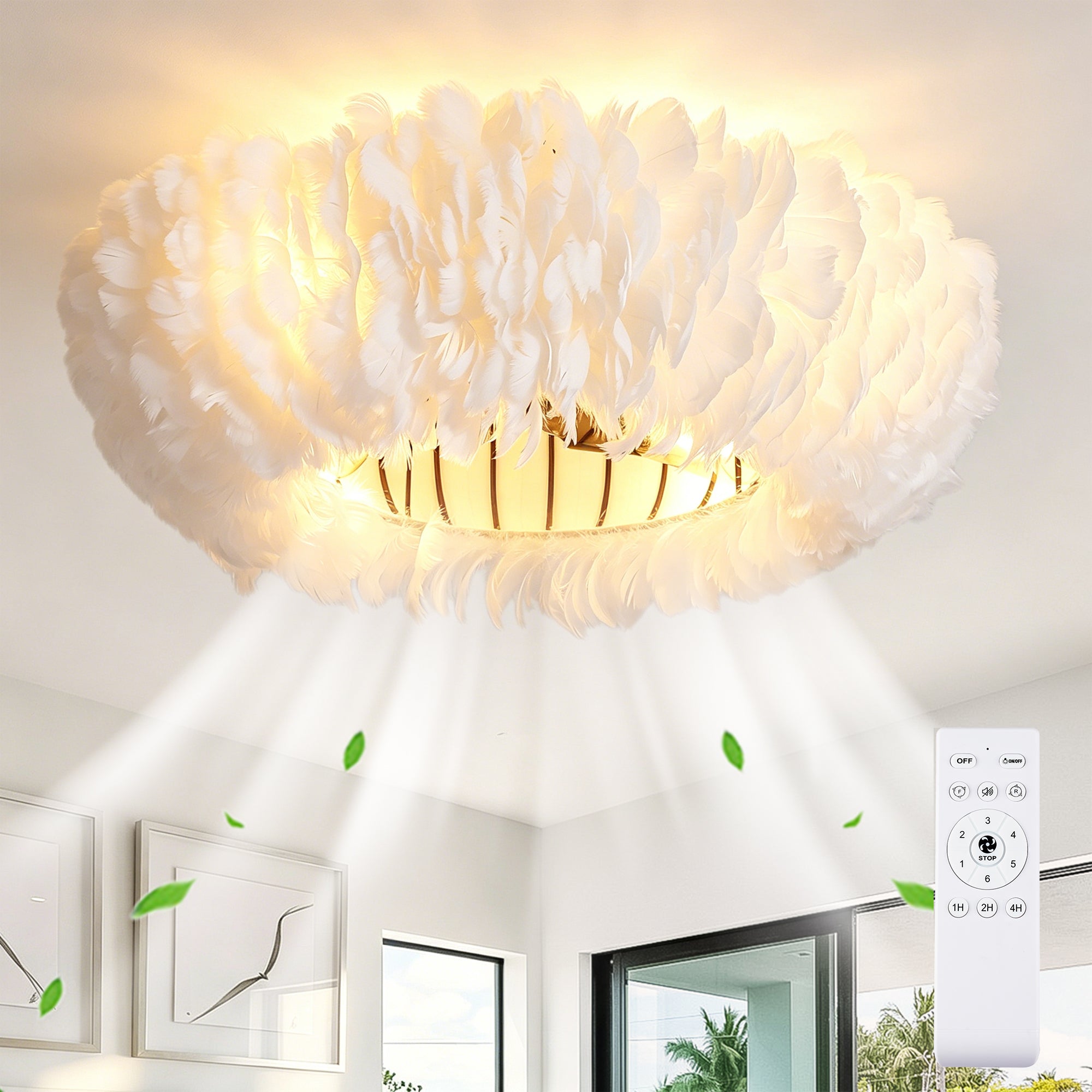 20" Feather-Dressed Caged Ceiling Fan with Remote