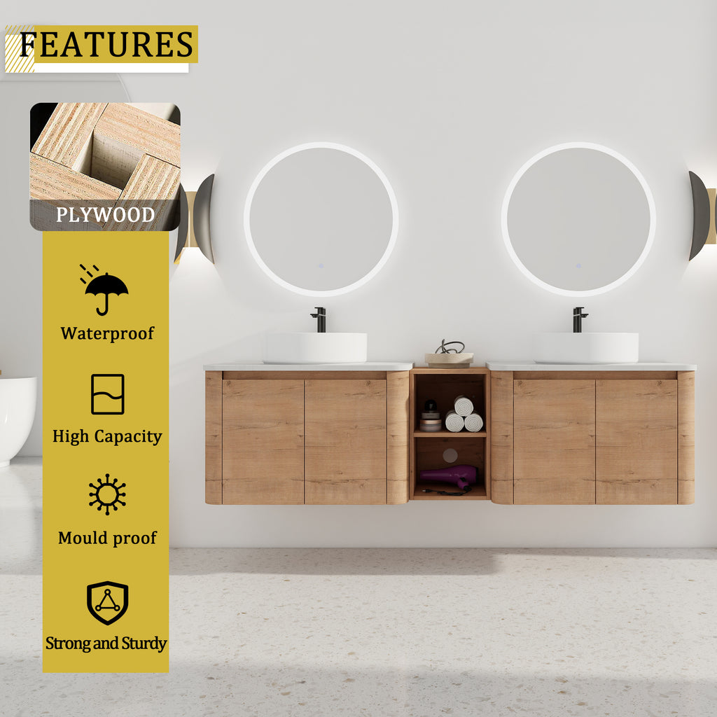 72'' Wall-Mounted Bathroom Vanity With Ceramic Art Sink