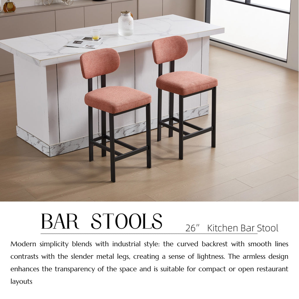 Bar Stools Set of 2, 26 Inch Modern Upholstered Fabric Counter Height Barstools
