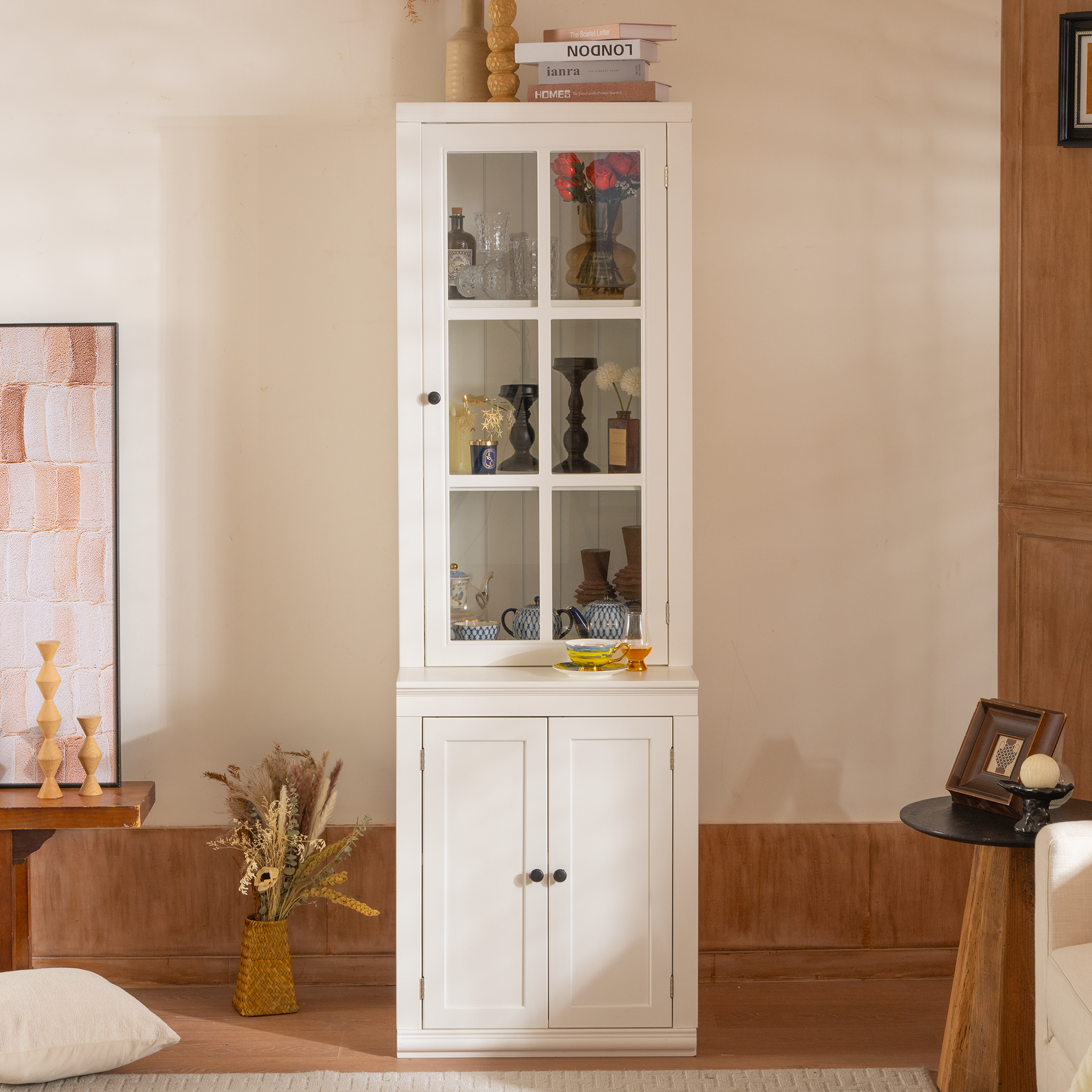 Freestanding Pantry Cabinet with Glass Door & Lattice Window