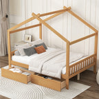 Full Size House Platform Bed with Two Drawers, Headboard and Footboard, Roof Design