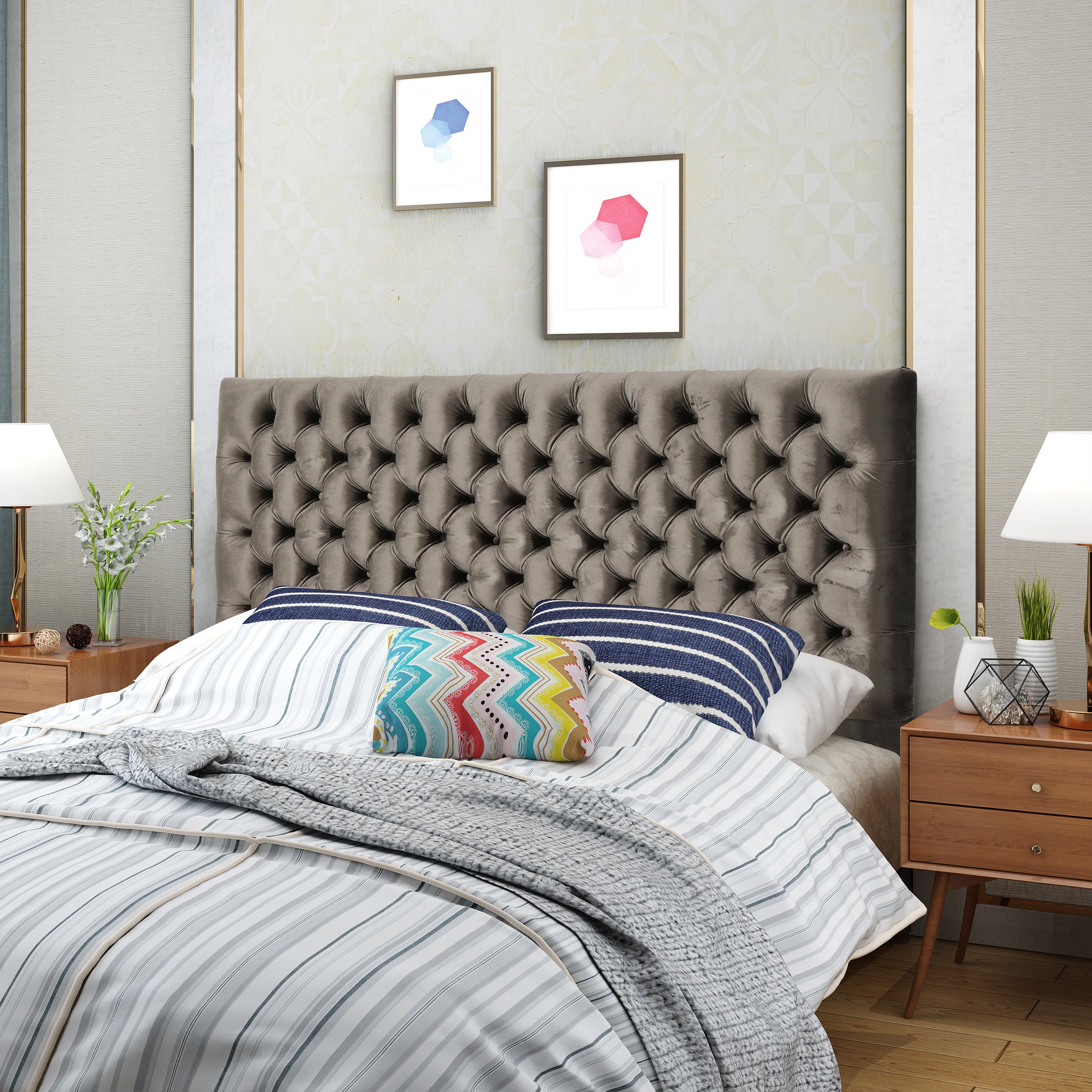 Tufted Upholstered Queen Size Bed Headboard