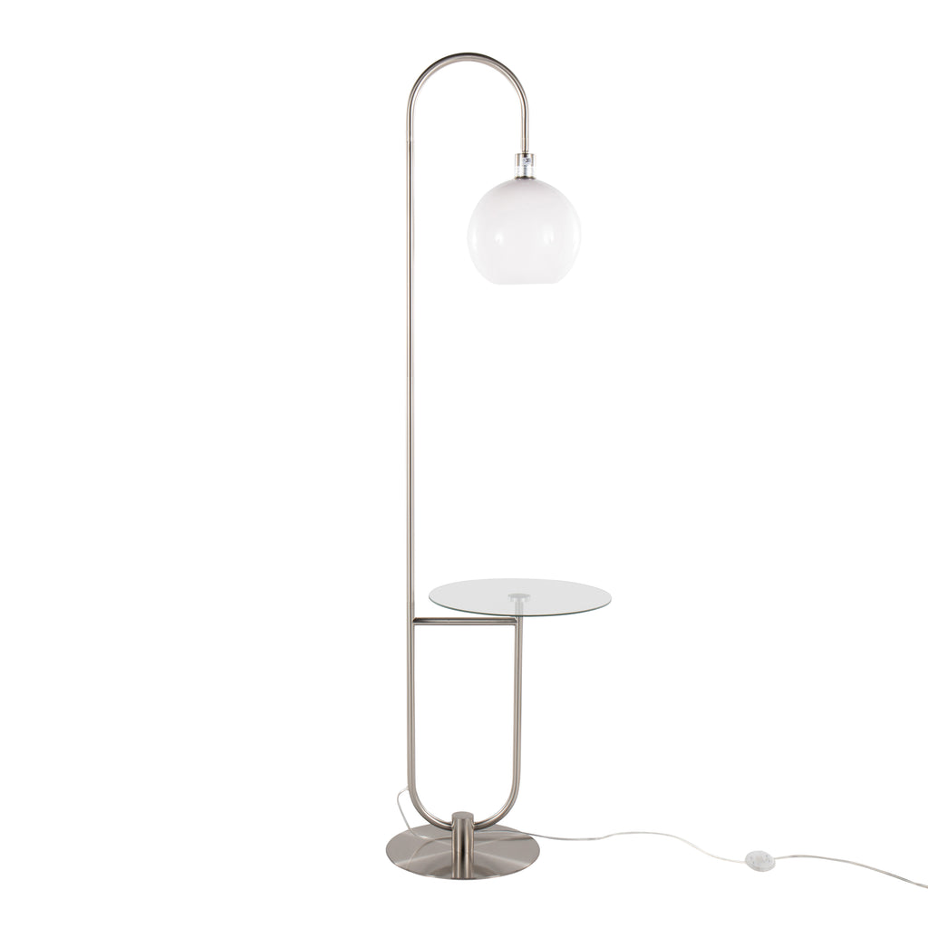 Trombone Contemporary Floor Lamp in Nickel Metal with Clear Glass Shelf