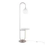 Trombone Contemporary Floor Lamp in Nickel Metal with Clear Glass Shelf