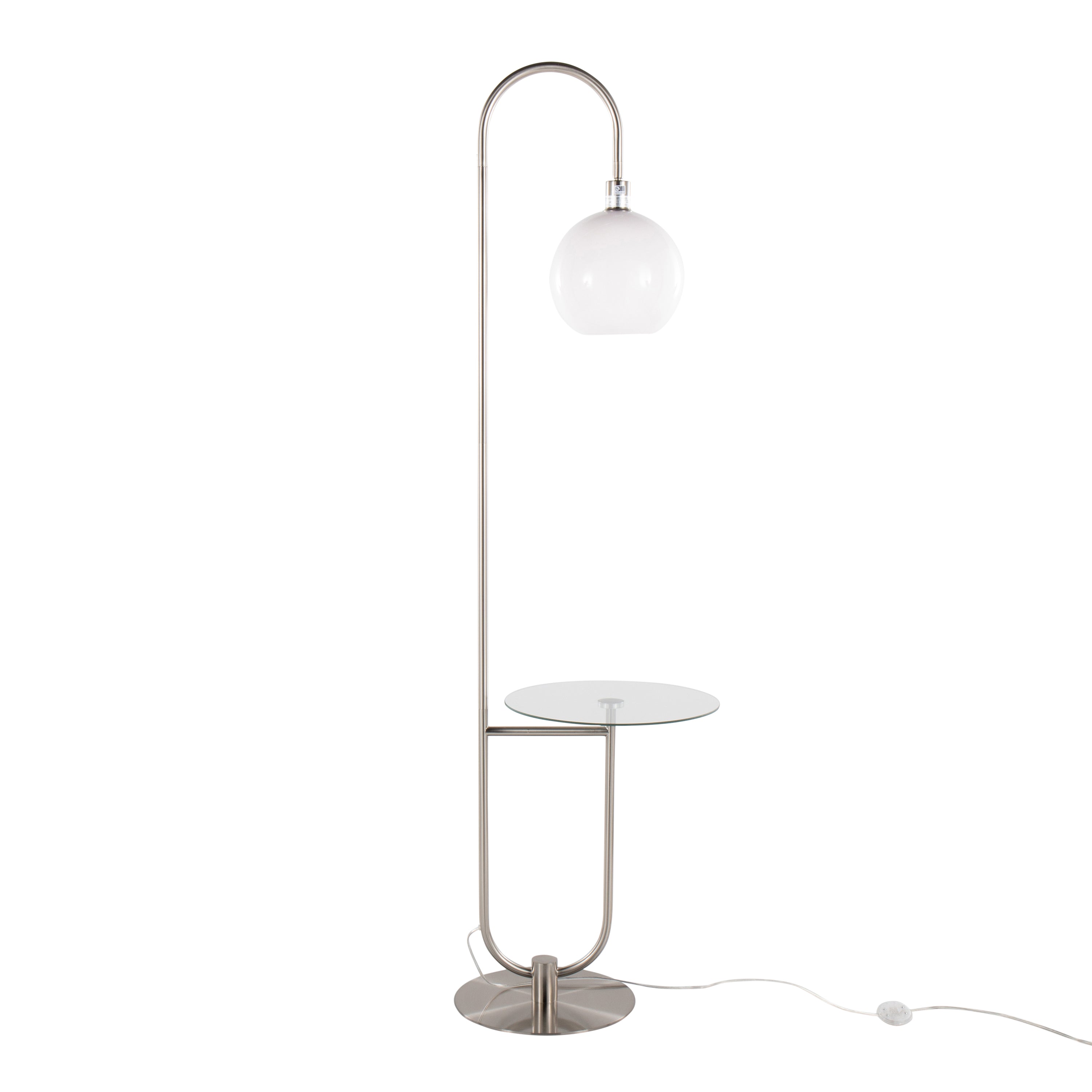 Trombone Contemporary Floor Lamp in Nickel Metal with Clear Glass Shelf