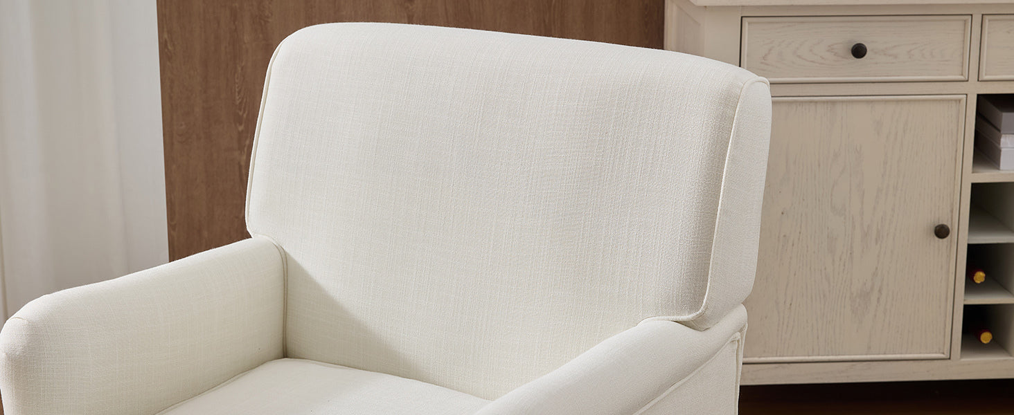 Vintage Upholstered Linen Fabric Armchair with Antique Solid Wood Legs
