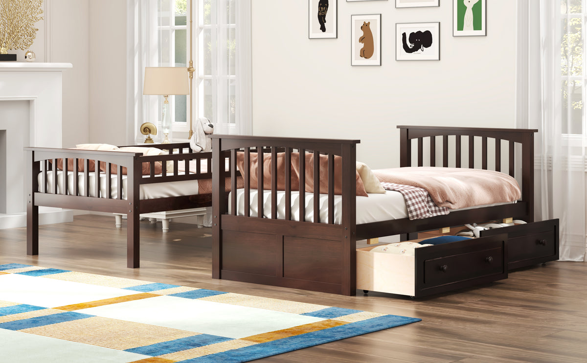 Twin Over Twin Bunk Bed with Drawers, Convertible Beds