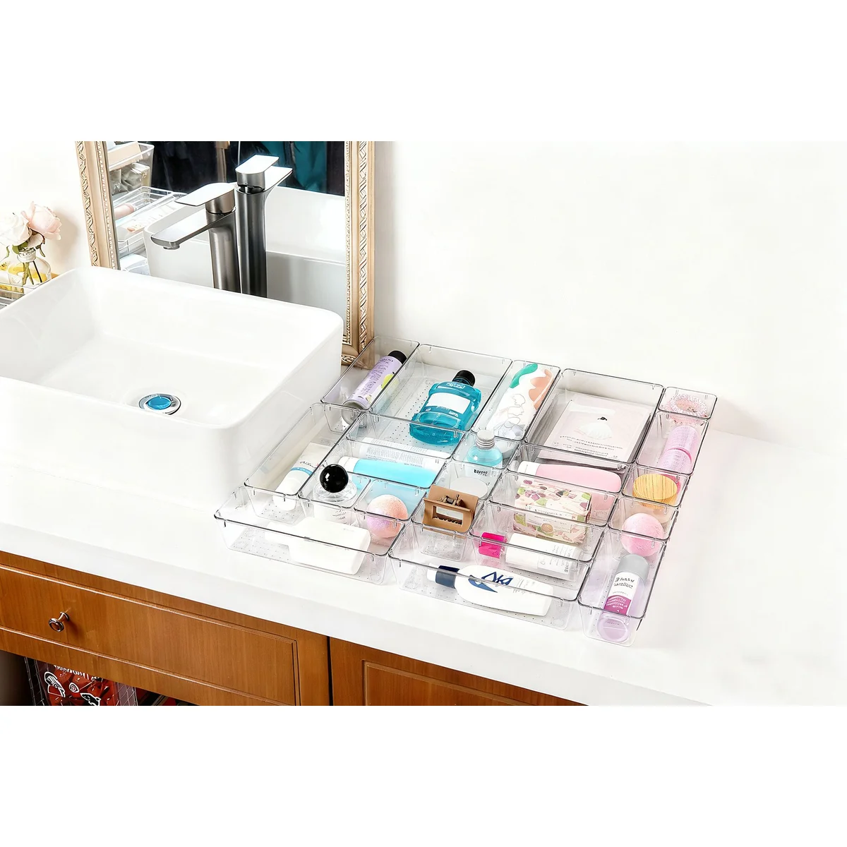 25 PCS Clear Plastic Drawer Organizers Set, 4 Sizes Clear Drawer Organizers & storage Bins for Makeup/Jewelry Vanity, Kitchen Gadgets Or Office Desk. Bathroom Drawer Organizer Trays