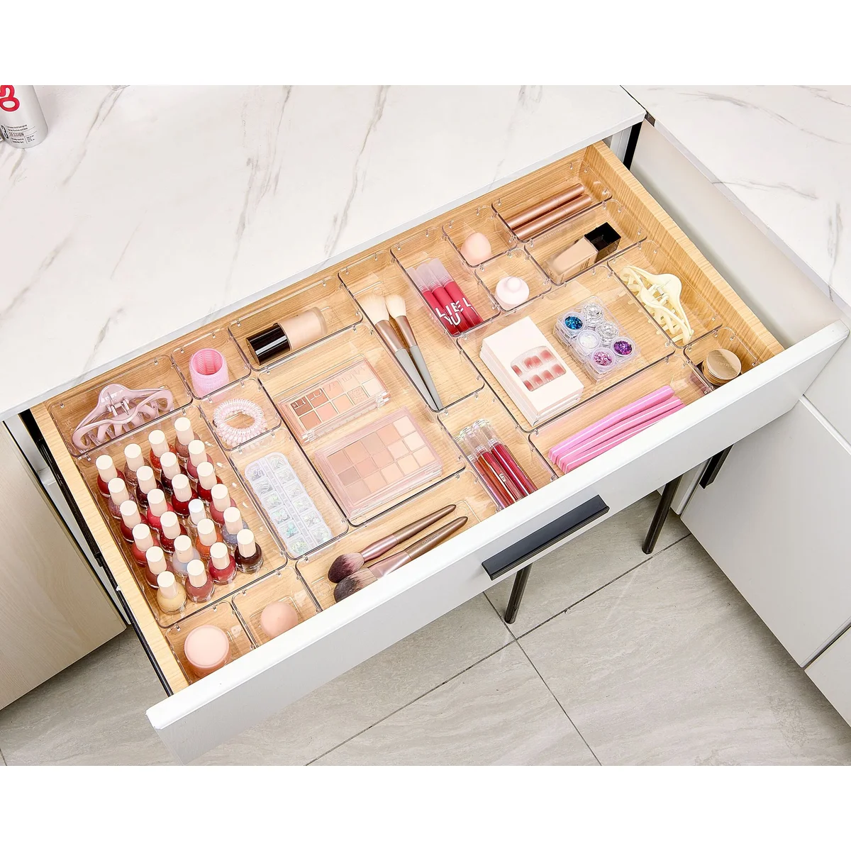 25 PCS Clear Plastic Drawer Organizers Set, 4 Sizes Clear Drawer Organizers & storage Bins for Makeup/Jewelry Vanity, Kitchen Gadgets Or Office Desk. Bathroom Drawer Organizer Trays