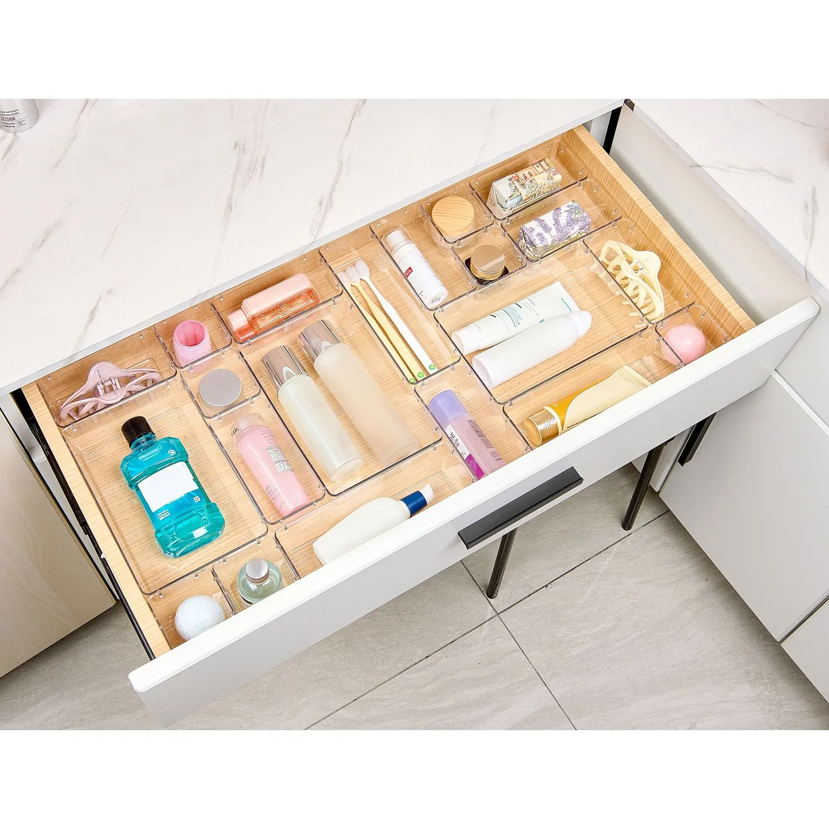 25 PCS Clear Plastic Drawer Organizers Set, 4 Sizes Clear Drawer Organizers & storage Bins for Makeup/Jewelry Vanity, Kitchen Gadgets Or Office Desk. Bathroom Drawer Organizer Trays