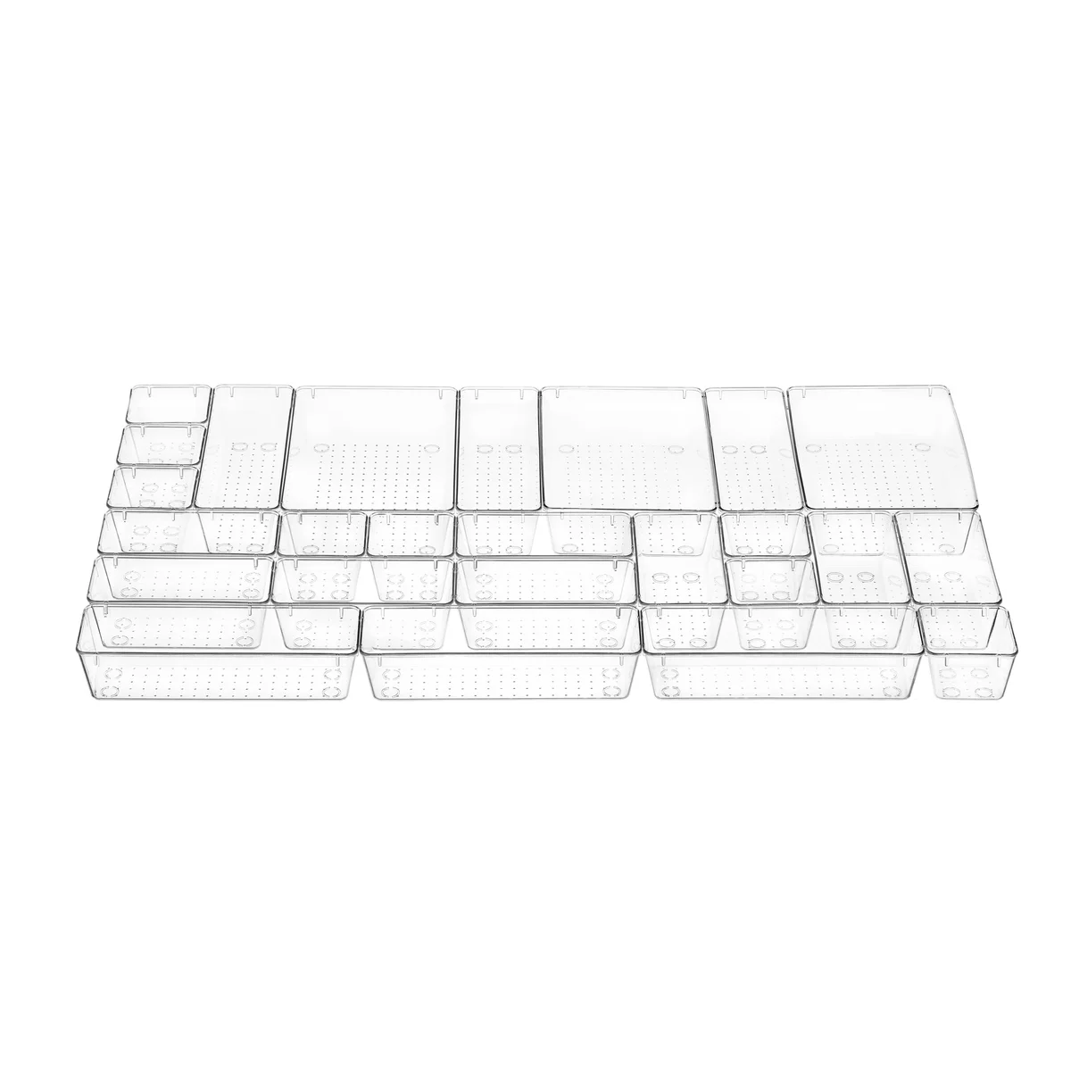 25 PCS Clear Plastic Drawer Organizers Set, 4 Sizes Clear Drawer Organizers & storage Bins for Makeup/Jewelry Vanity, Kitchen Gadgets Or Office Desk. Bathroom Drawer Organizer Trays
