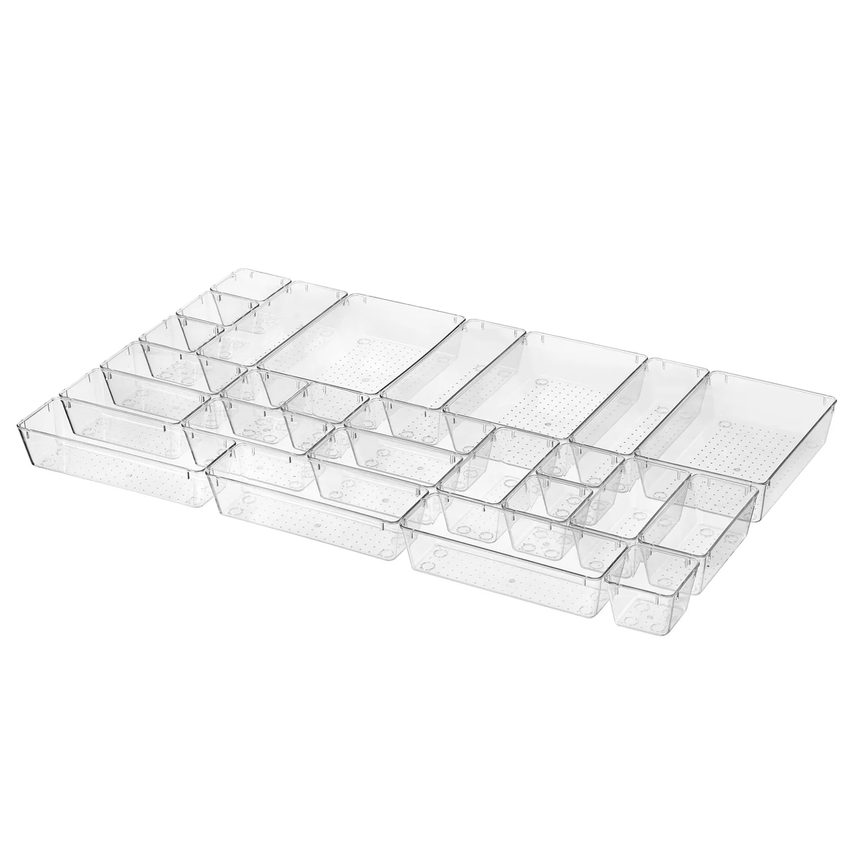 25 PCS Clear Plastic Drawer Organizers Set, 4 Sizes Clear Drawer Organizers & storage Bins for Makeup/Jewelry Vanity, Kitchen Gadgets Or Office Desk. Bathroom Drawer Organizer Trays