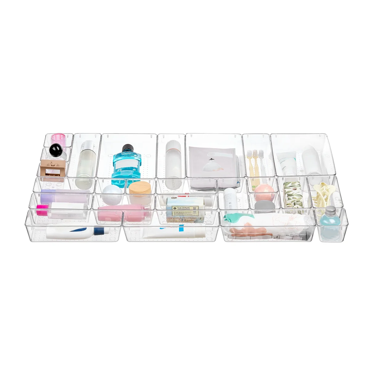 25 PCS Clear Plastic Drawer Organizers Set, 4 Sizes Clear Drawer Organizers & storage Bins for Makeup/Jewelry Vanity, Kitchen Gadgets Or Office Desk. Bathroom Drawer Organizer Trays