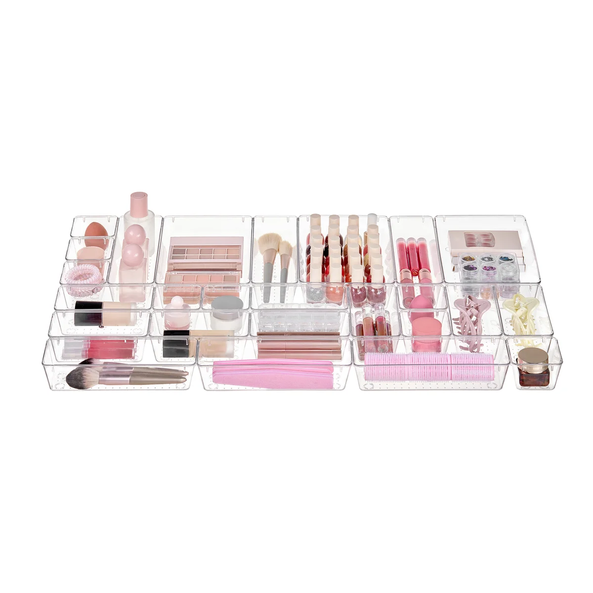 25 PCS Clear Plastic Drawer Organizers Set, 4 Sizes Clear Drawer Organizers & storage Bins for Makeup/Jewelry Vanity, Kitchen Gadgets Or Office Desk. Bathroom Drawer Organizer Trays