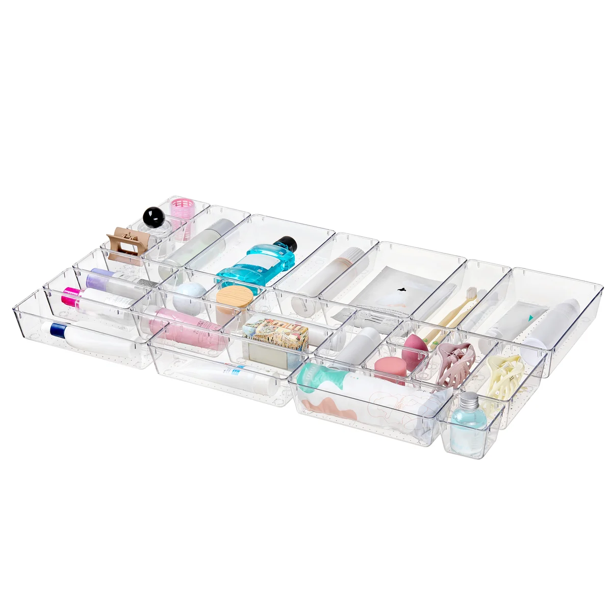 25 PCS Clear Plastic Drawer Organizers Set, 4 Sizes Clear Drawer Organizers & storage Bins for Makeup/Jewelry Vanity, Kitchen Gadgets Or Office Desk. Bathroom Drawer Organizer Trays