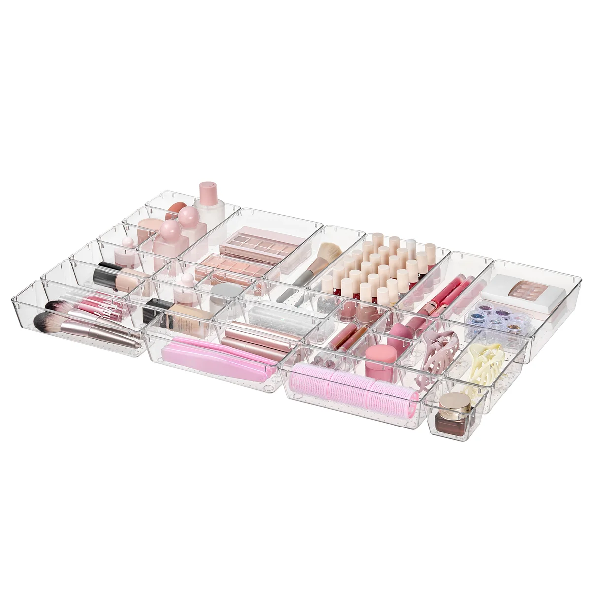 25 PCS Clear Plastic Drawer Organizers Set, 4 Sizes Clear Drawer Organizers & storage Bins for Makeup/Jewelry Vanity, Kitchen Gadgets Or Office Desk. Bathroom Drawer Organizer Trays