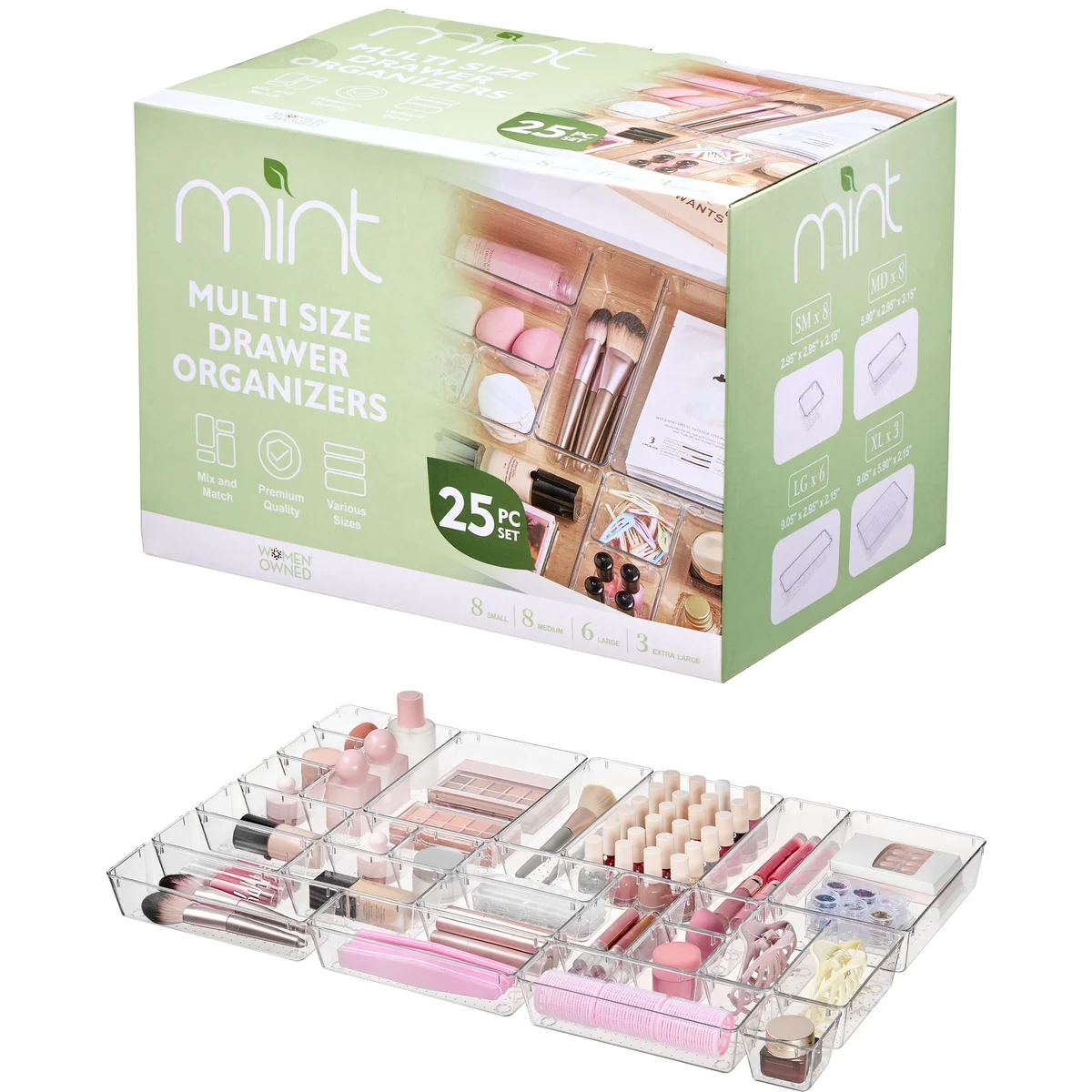 25 PCS Clear Plastic Drawer Organizers Set, 4 Sizes Clear Drawer Organizers & storage Bins for Makeup/Jewelry Vanity, Kitchen Gadgets Or Office Desk. Bathroom Drawer Organizer Trays