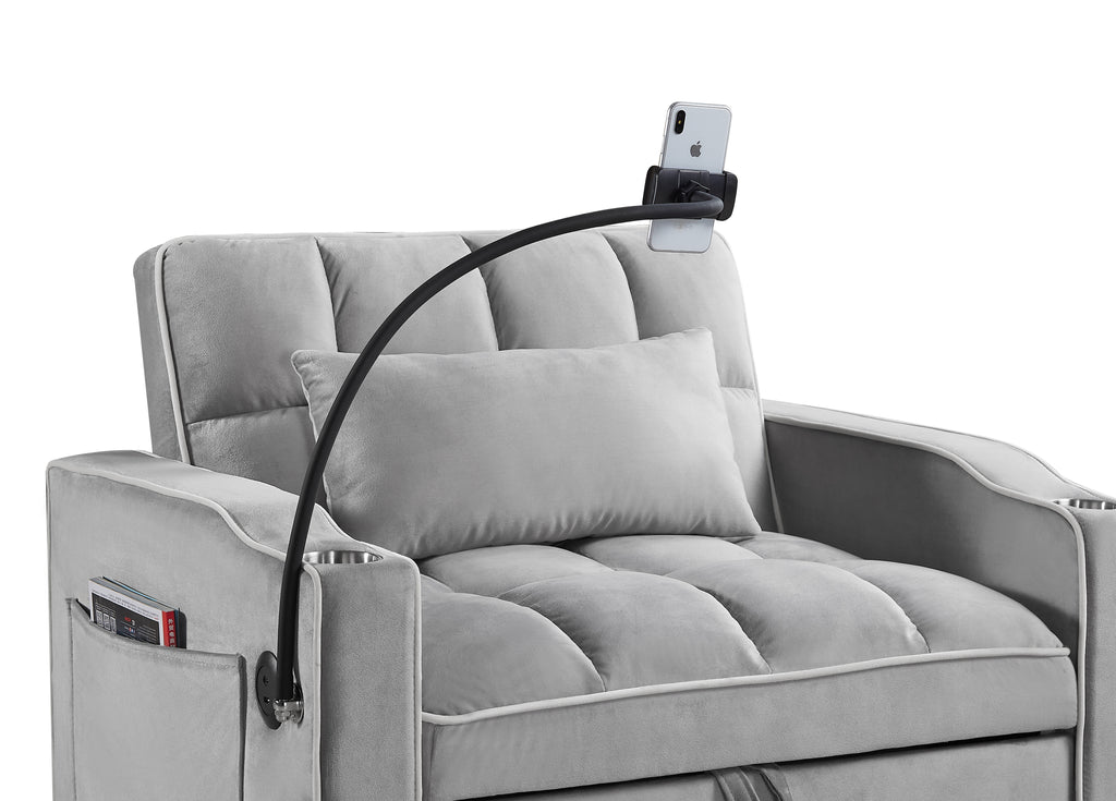Convertible Sleeper Chair Sofa Bed, Grey Velvet, 42-Inch, 3-in-1