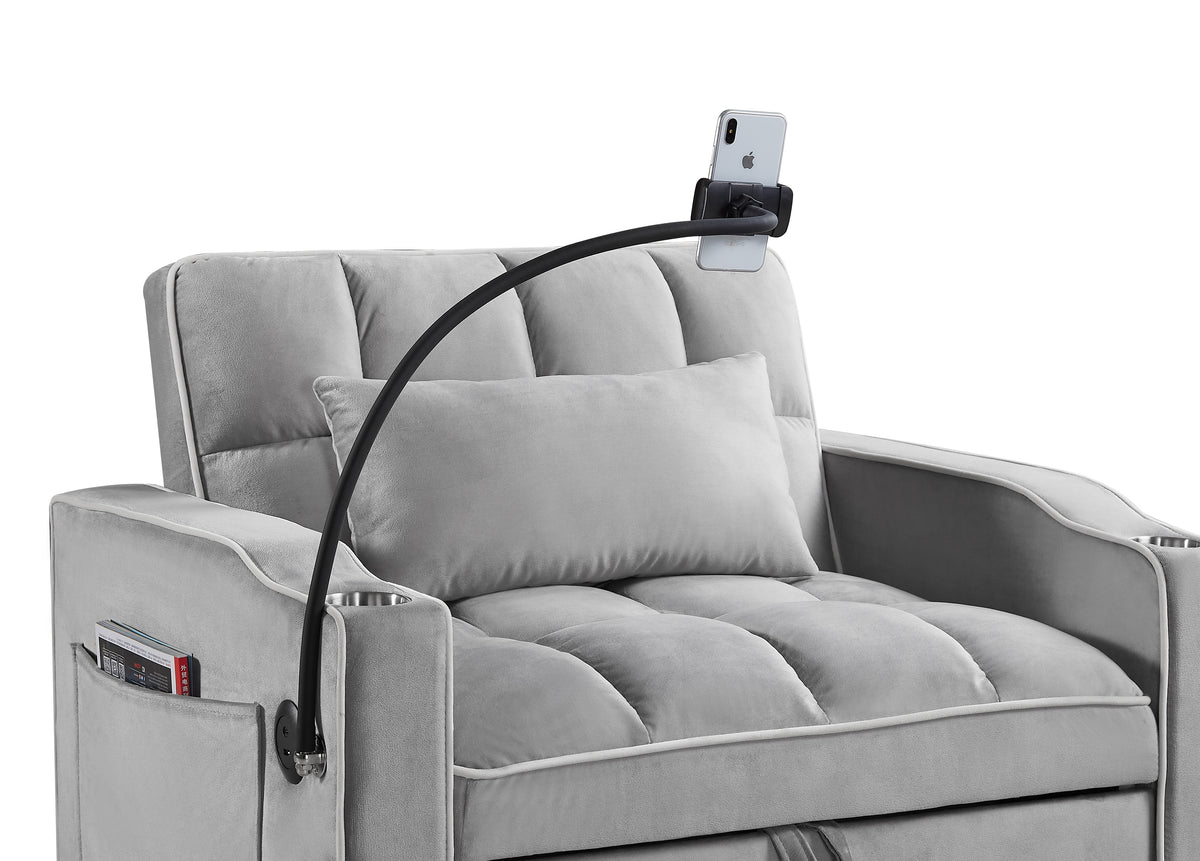 Convertible Sleeper Chair Sofa Bed, Grey Velvet, 42-Inch, 3-in-1