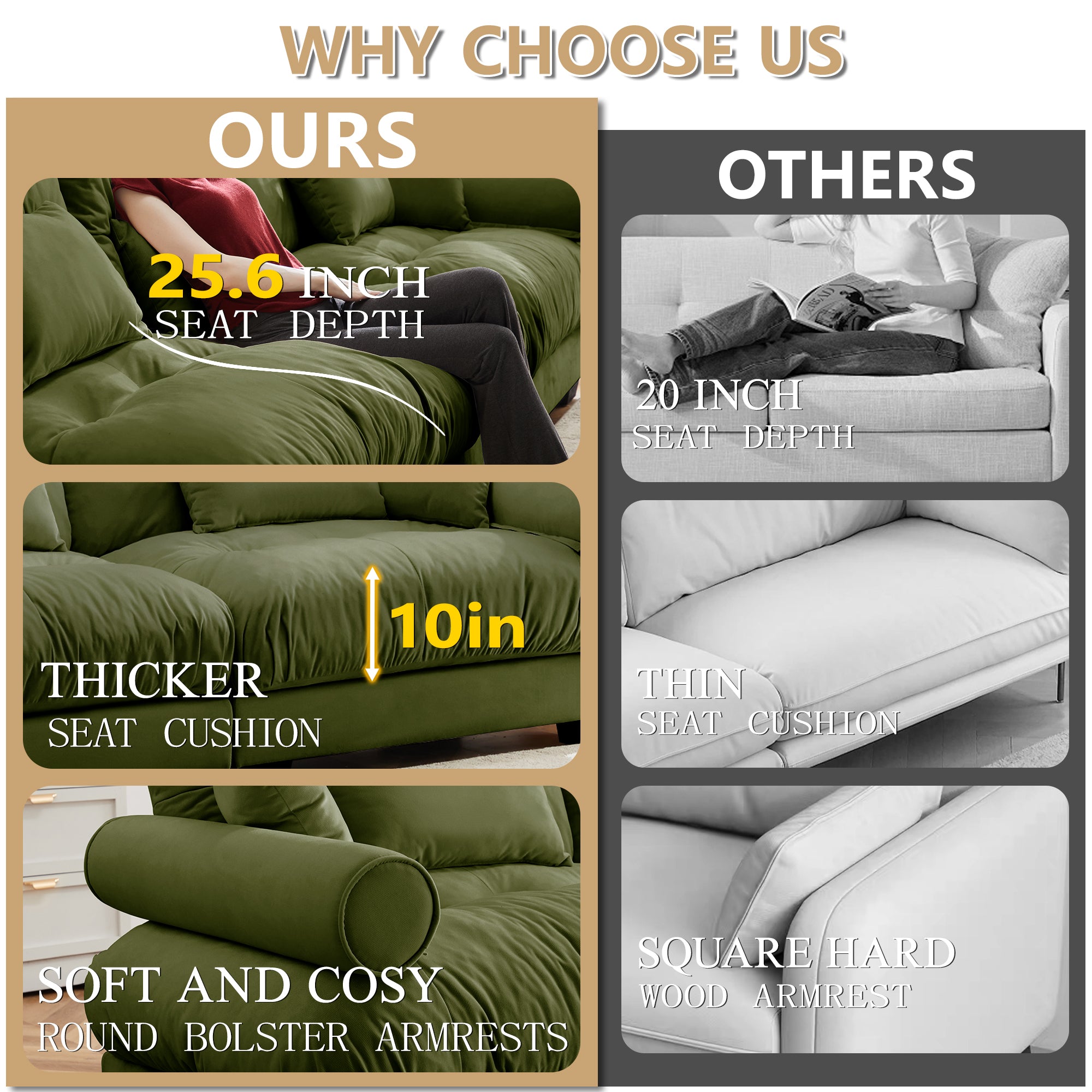 U Shaped Sectional Sofa Cloud Couch in Olive Velvet