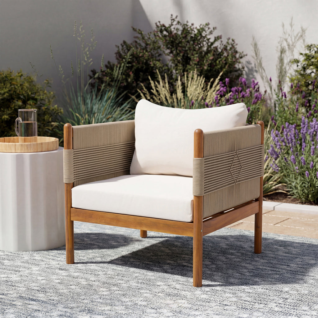 Outdoor Acacia Wood Club Chair with Diamond Rope Weave & Cushions