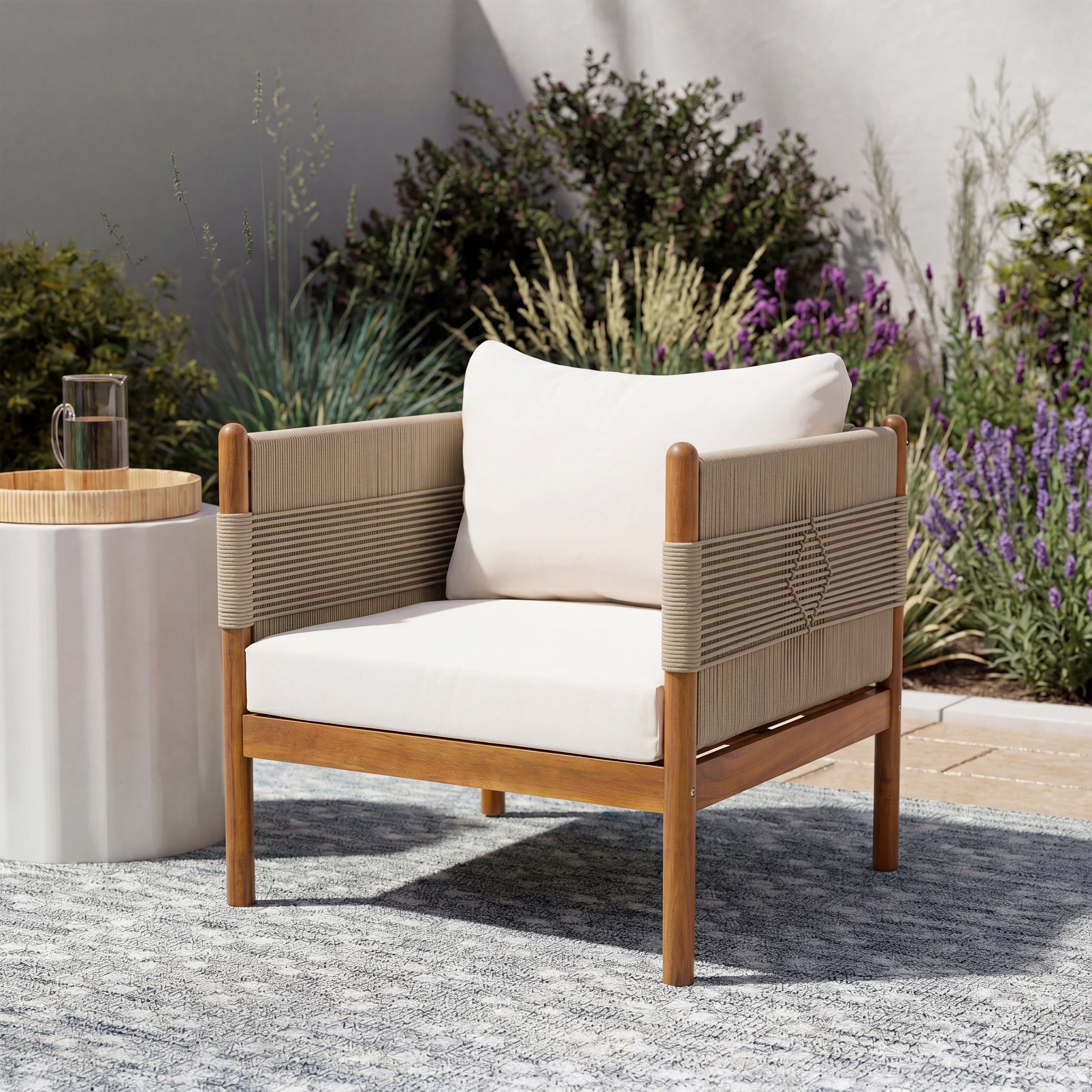 Outdoor Acacia Wood Club Chair with Diamond Rope Weave & Cushions