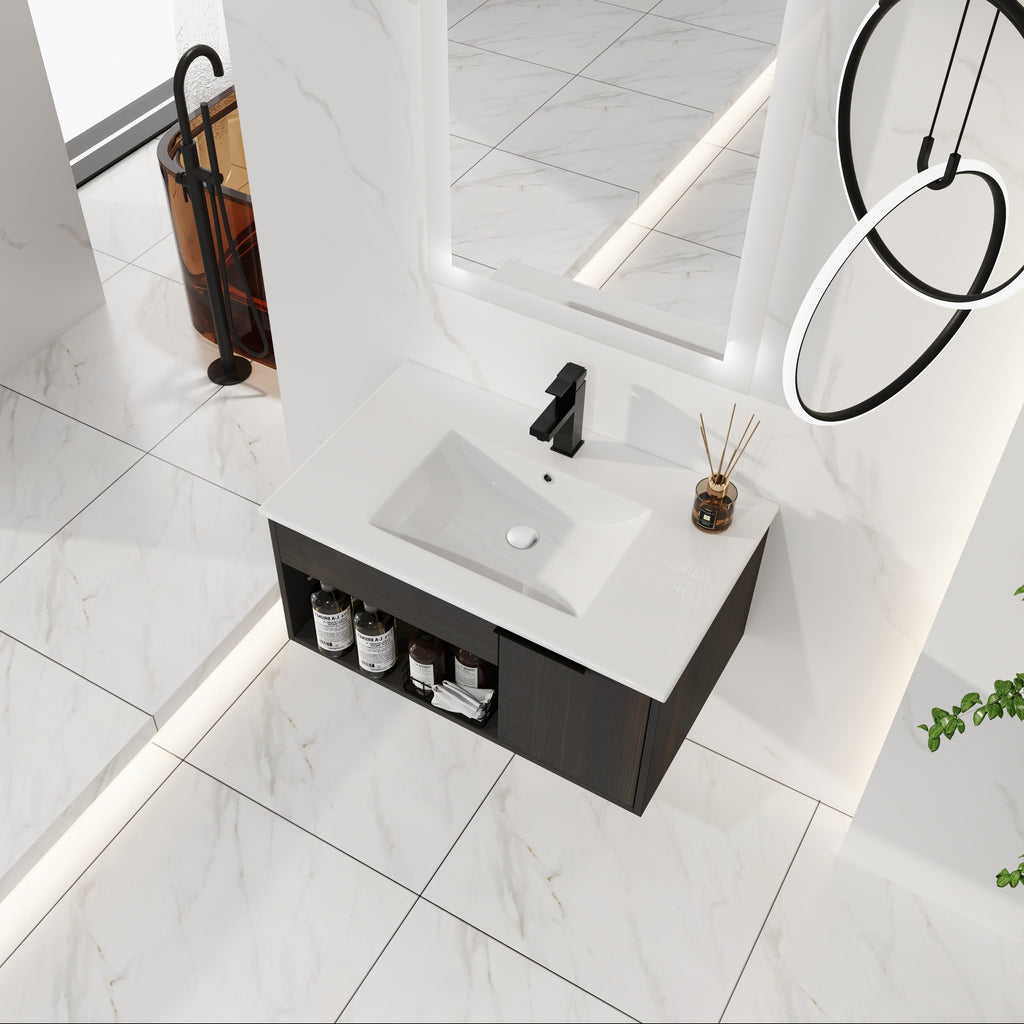30" Wall-Mounted Floating Bathroom Vanity with Ceramic Sink – Modern Dark