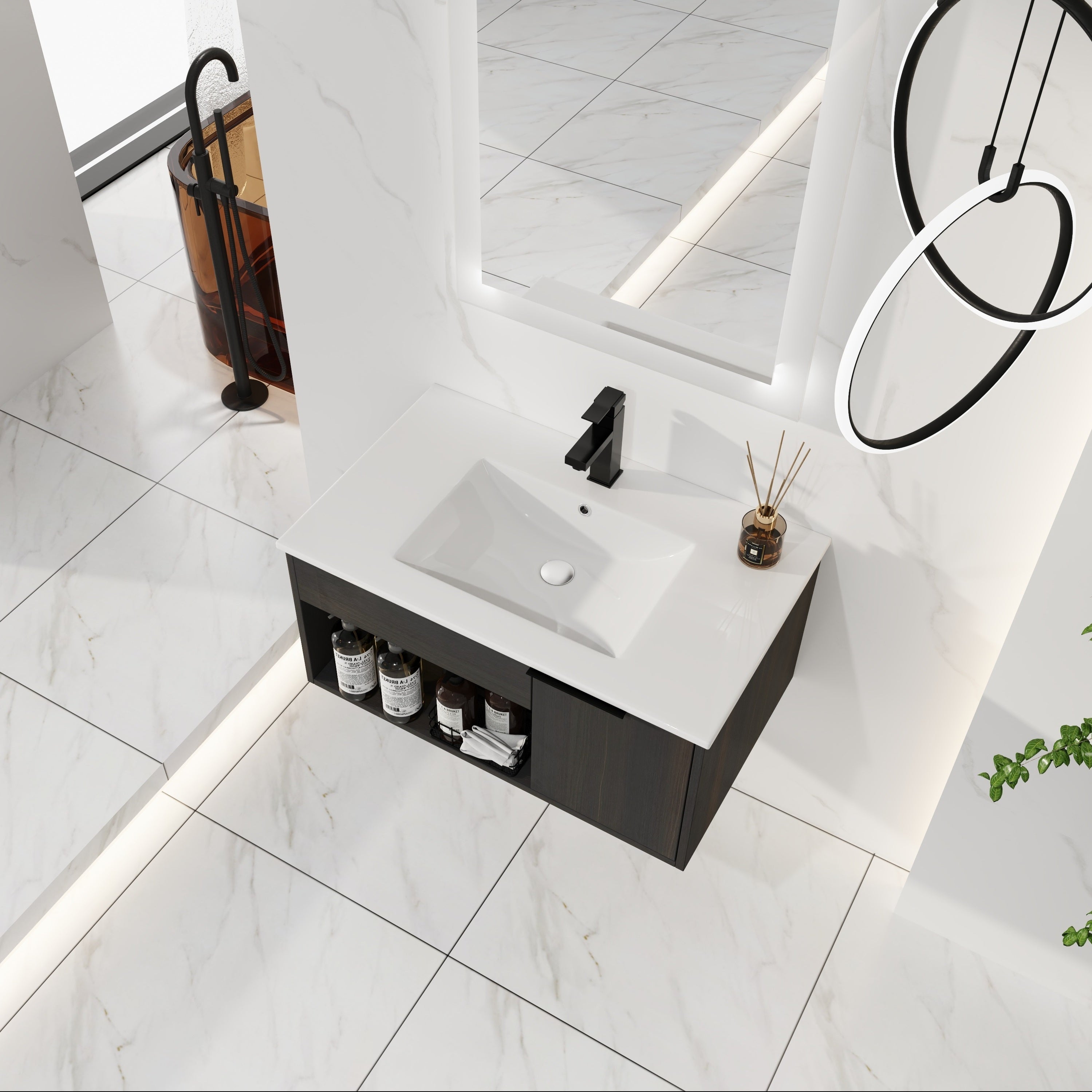 30" Wall-Mounted Floating Bathroom Vanity with Ceramic Sink – Modern Dark