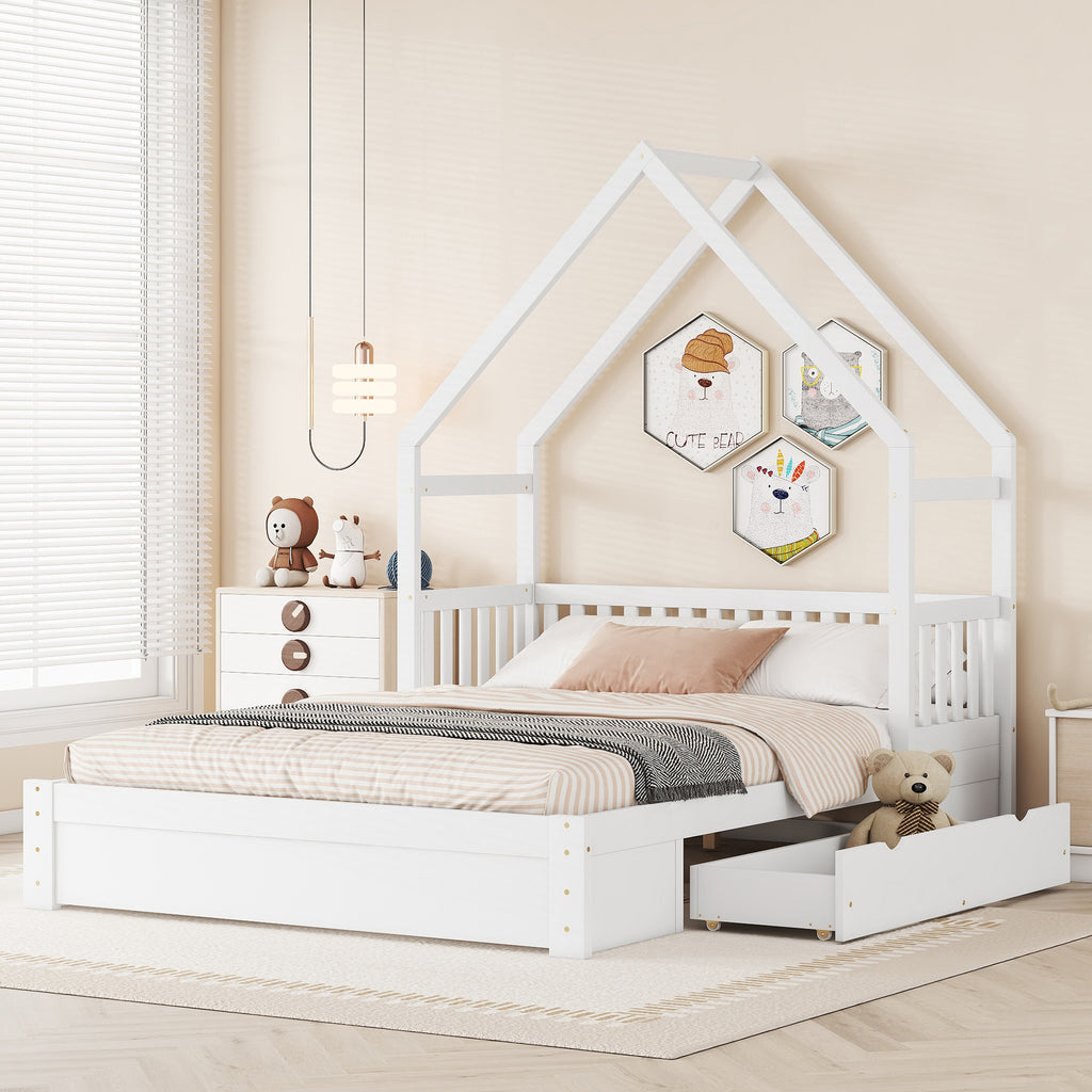 Wood Queen Size House Platform Bed with Guardrail and 2 Drawers