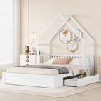 Wood Queen Size House Platform Bed with Guardrail and 2 Drawers