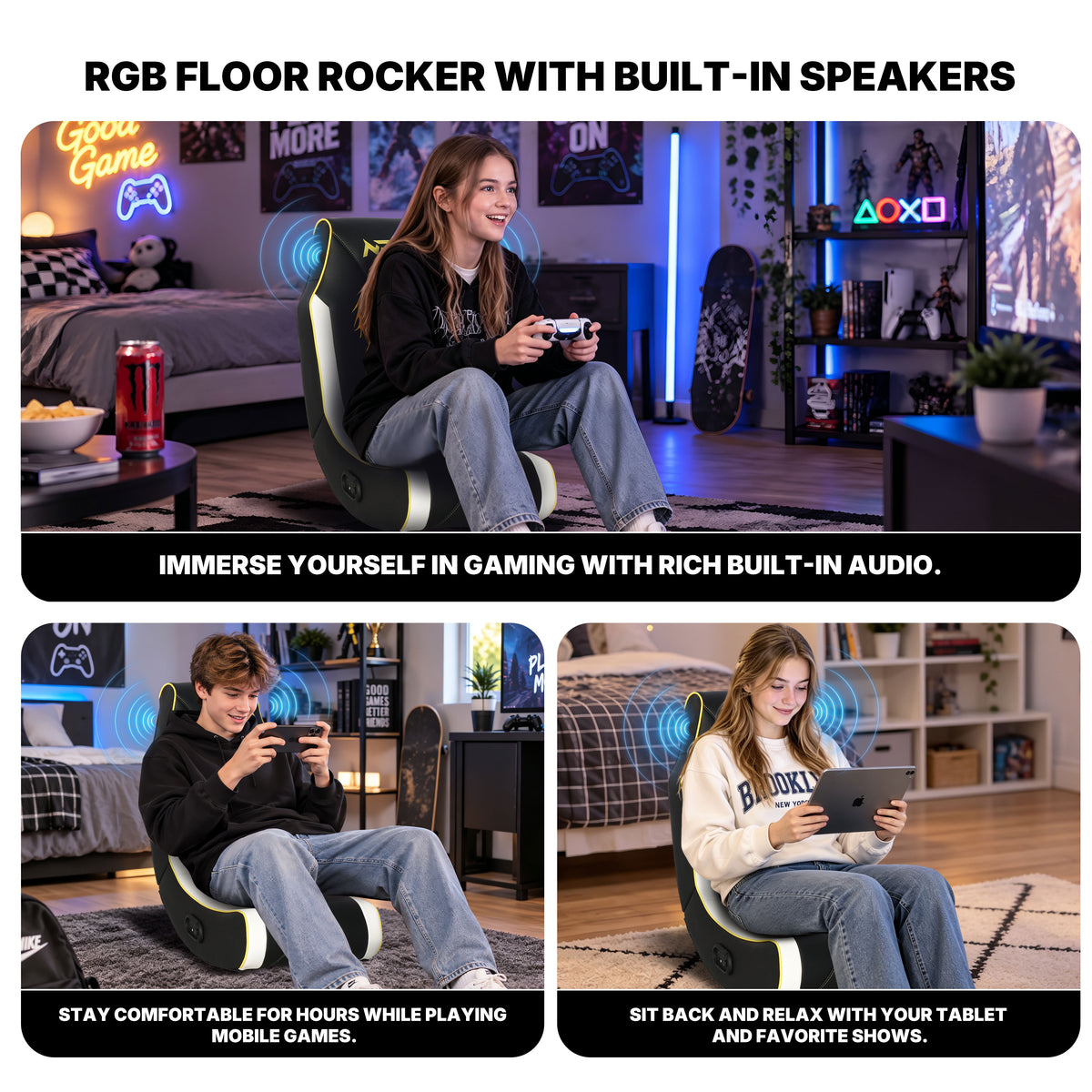 NoxRoc Floor Rocker Gaming Chair with Built-In 2.0 Speakers, Black and Yellow