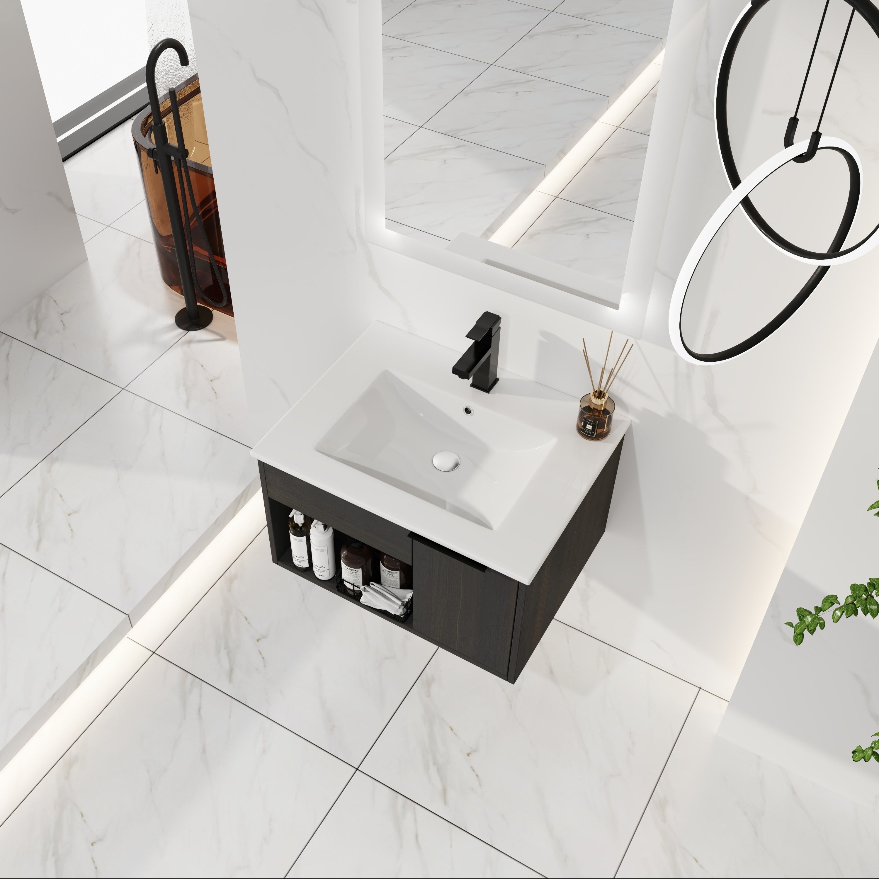 24" Wall-Mounted Floating Bathroom Vanity with Ceramic Sink