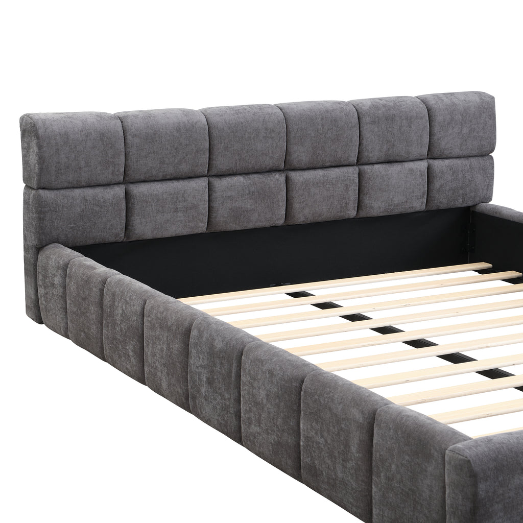 Elegant Chenille Upholstered Bed with Checkerboard Design, Queen