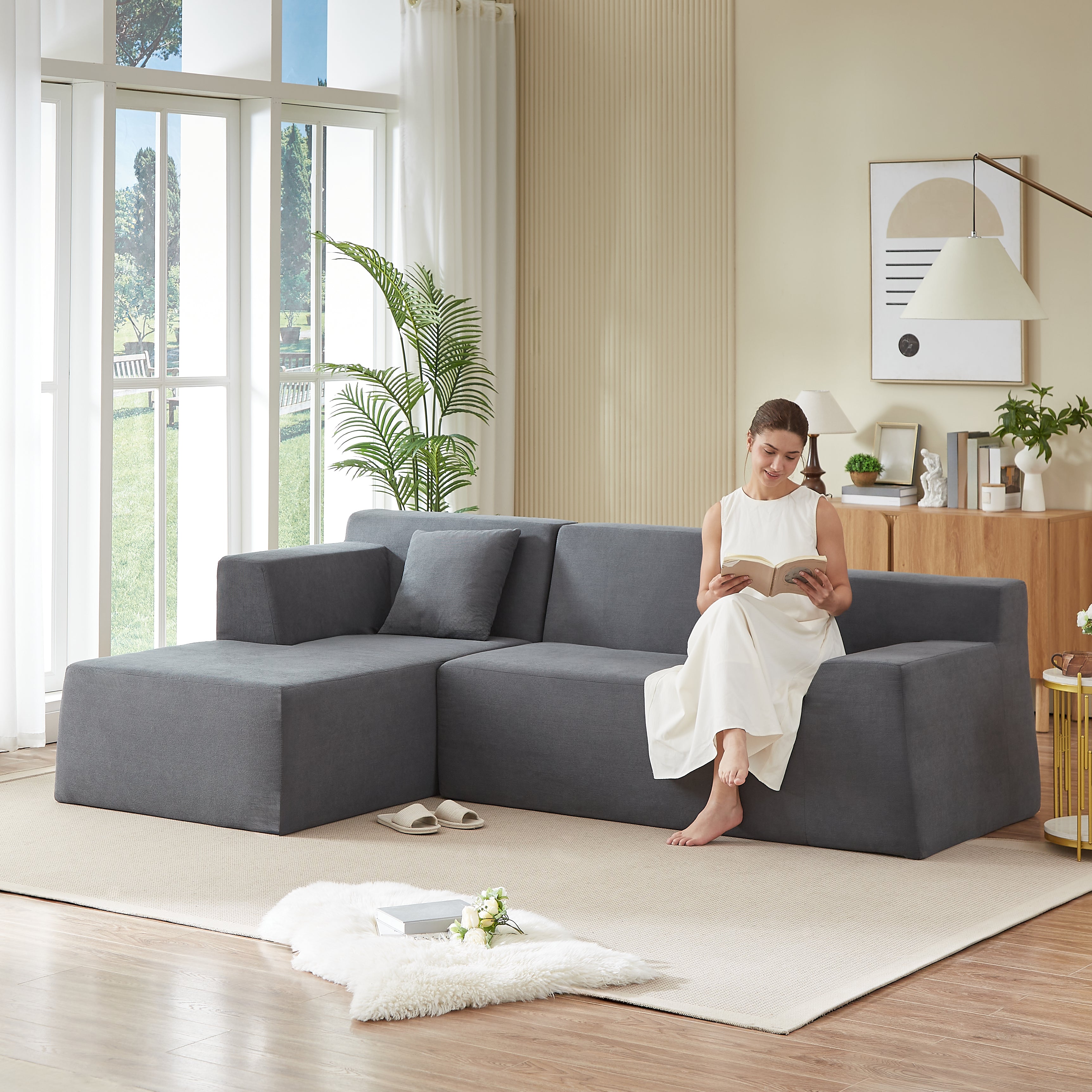 Modern Minimalist L-Shaped Corduroy High Back Sofa