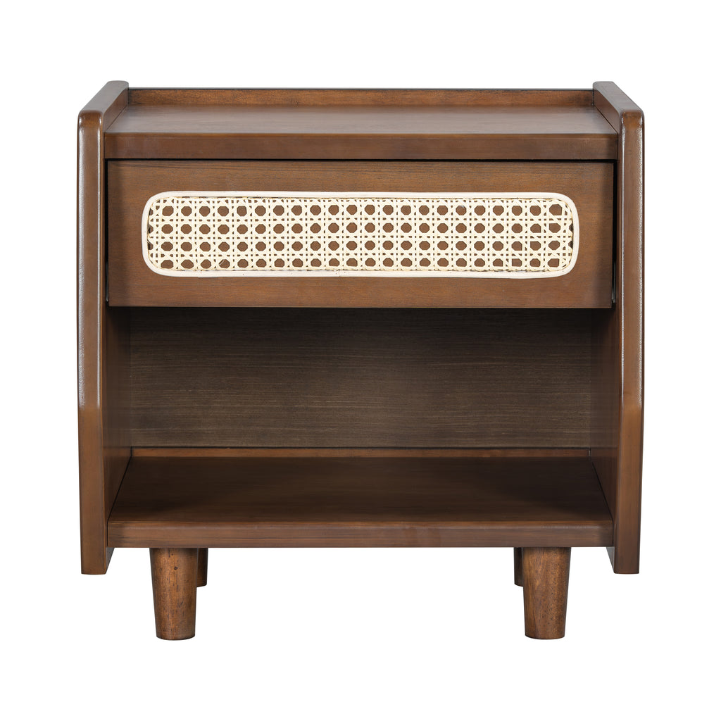 Walnut Nightstand with Rattan Detail